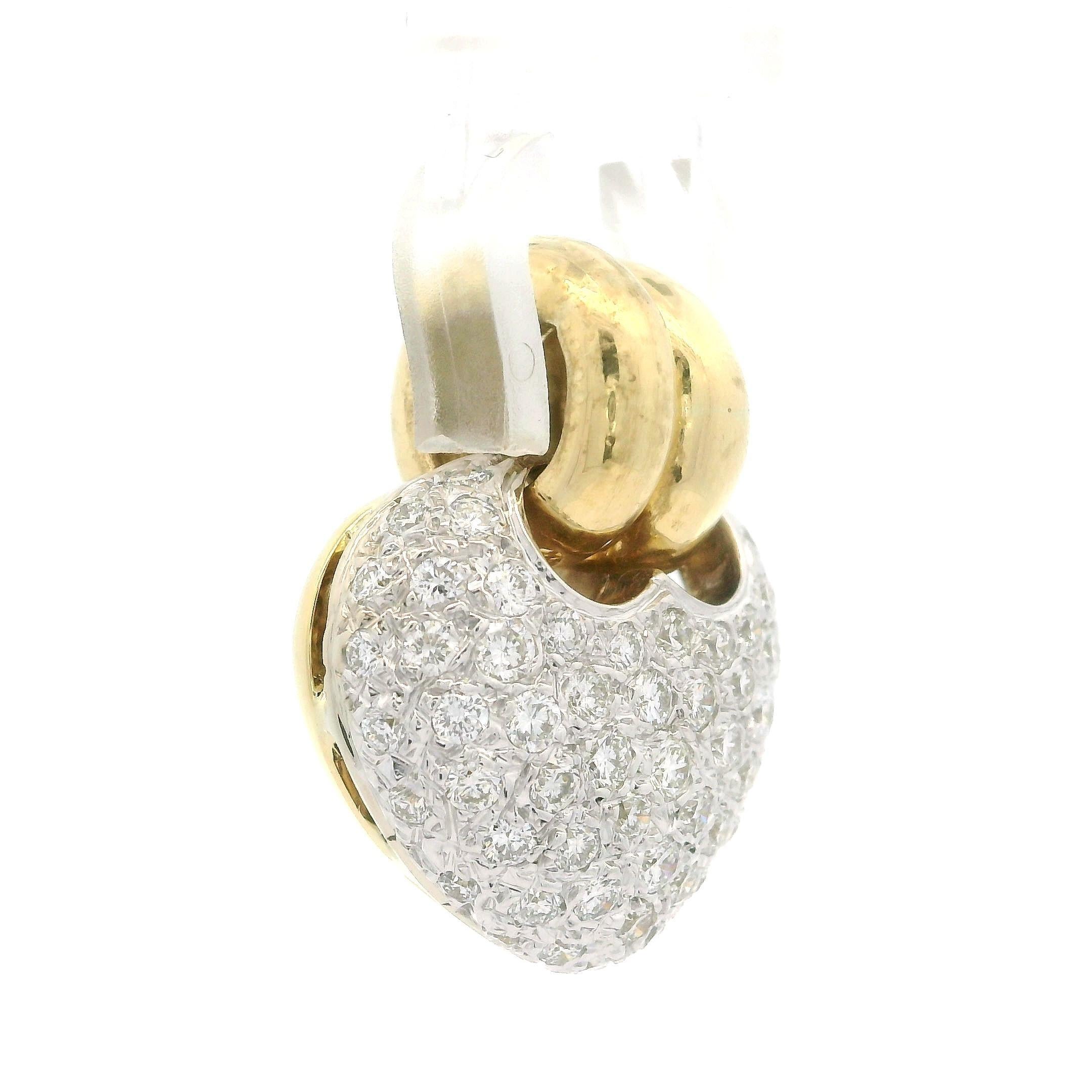 Pendentif Slide en or jaune et blanc 18k 1.20ct Pave Diamond Puffed Dual Bail Heart Pour femmes en vente