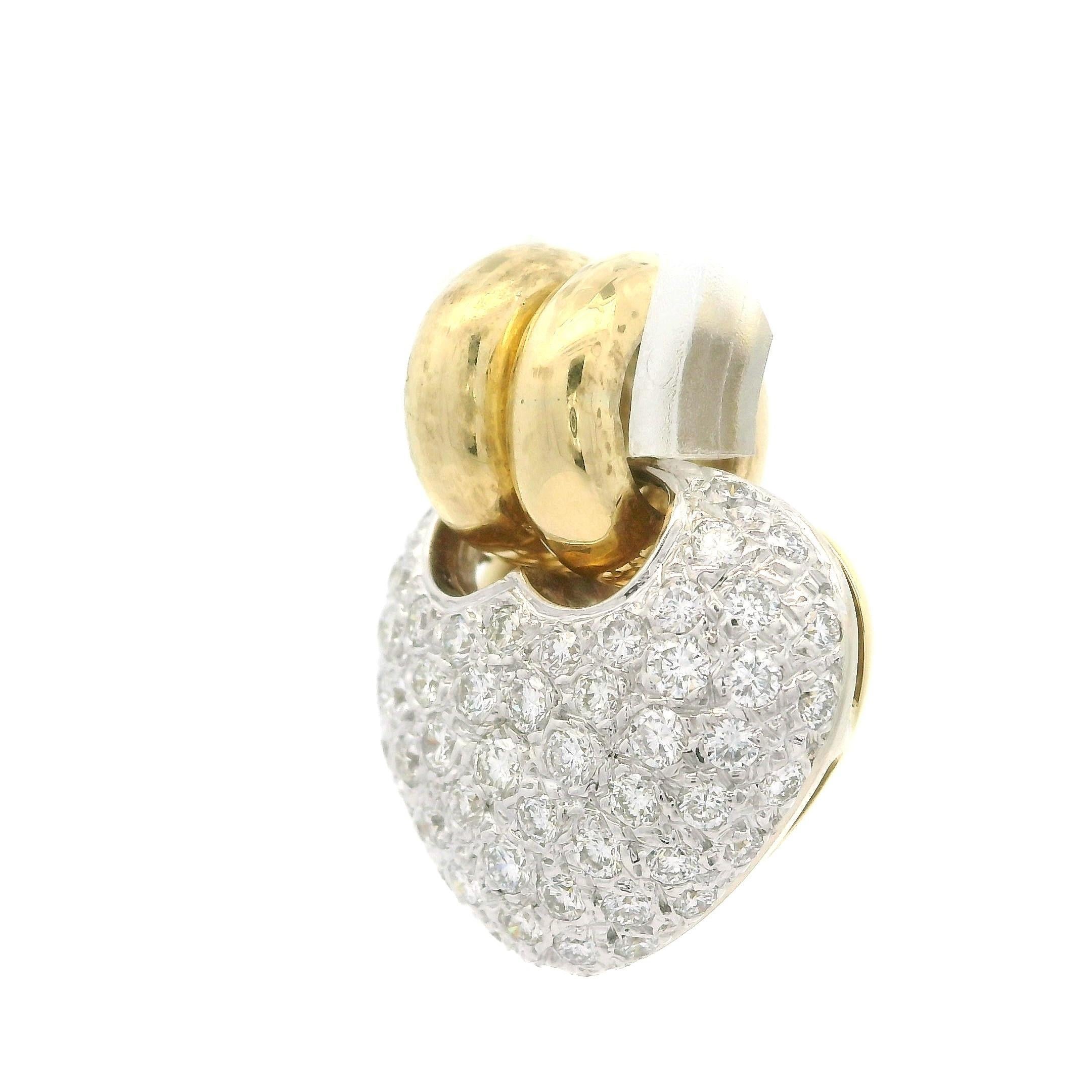 Pendentif Slide en or jaune et blanc 18k 1.20ct Pave Diamond Puffed Dual Bail Heart en vente 2