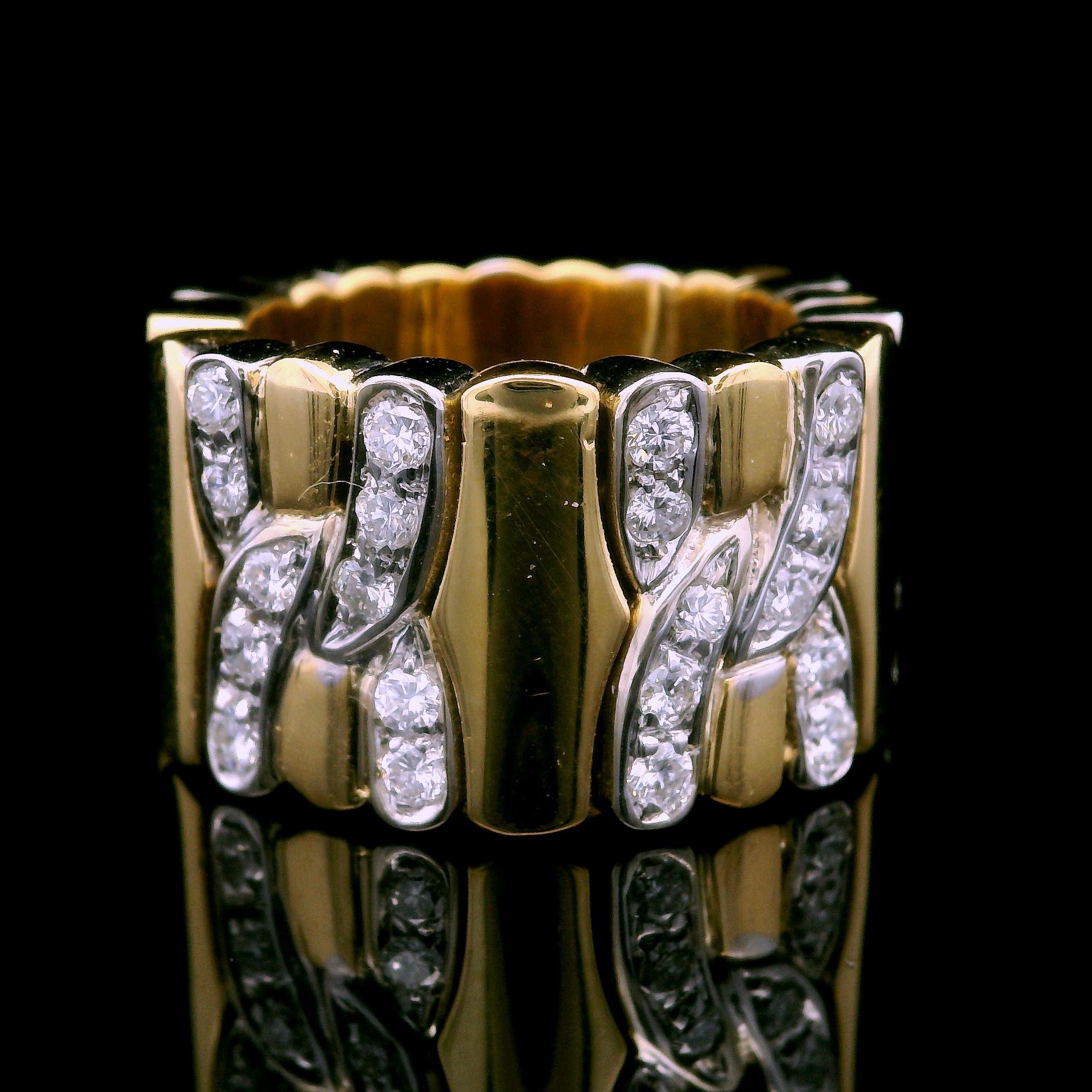 Round Cut 18k Yellow & White Gold 1ctw Diamond Flexible 12.8mm Wide Open Band Ring For Sale