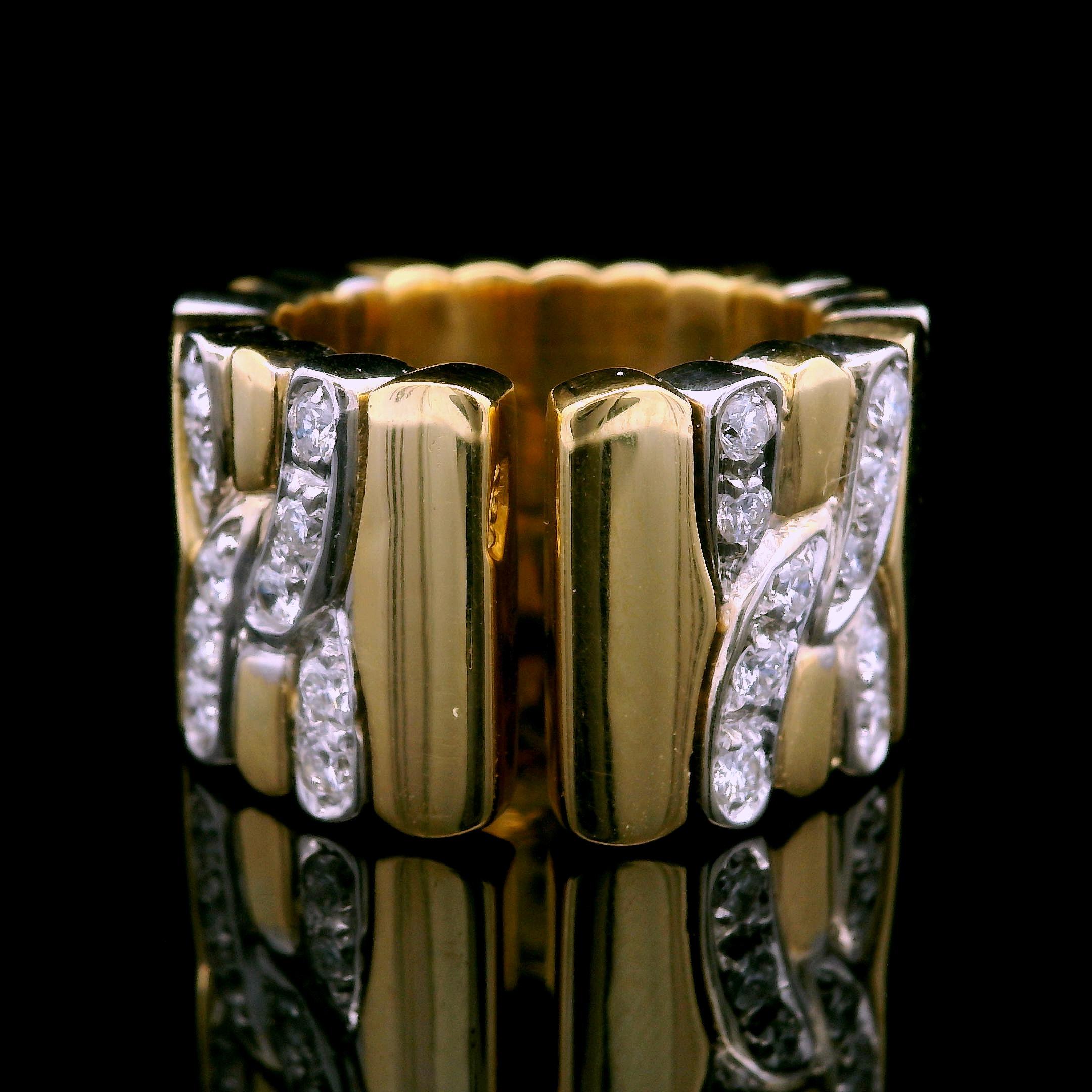 18k Yellow & White Gold 1ctw Diamond Flexible 12.8mm Wide Open Band Ring In Excellent Condition For Sale In Montclair, NJ