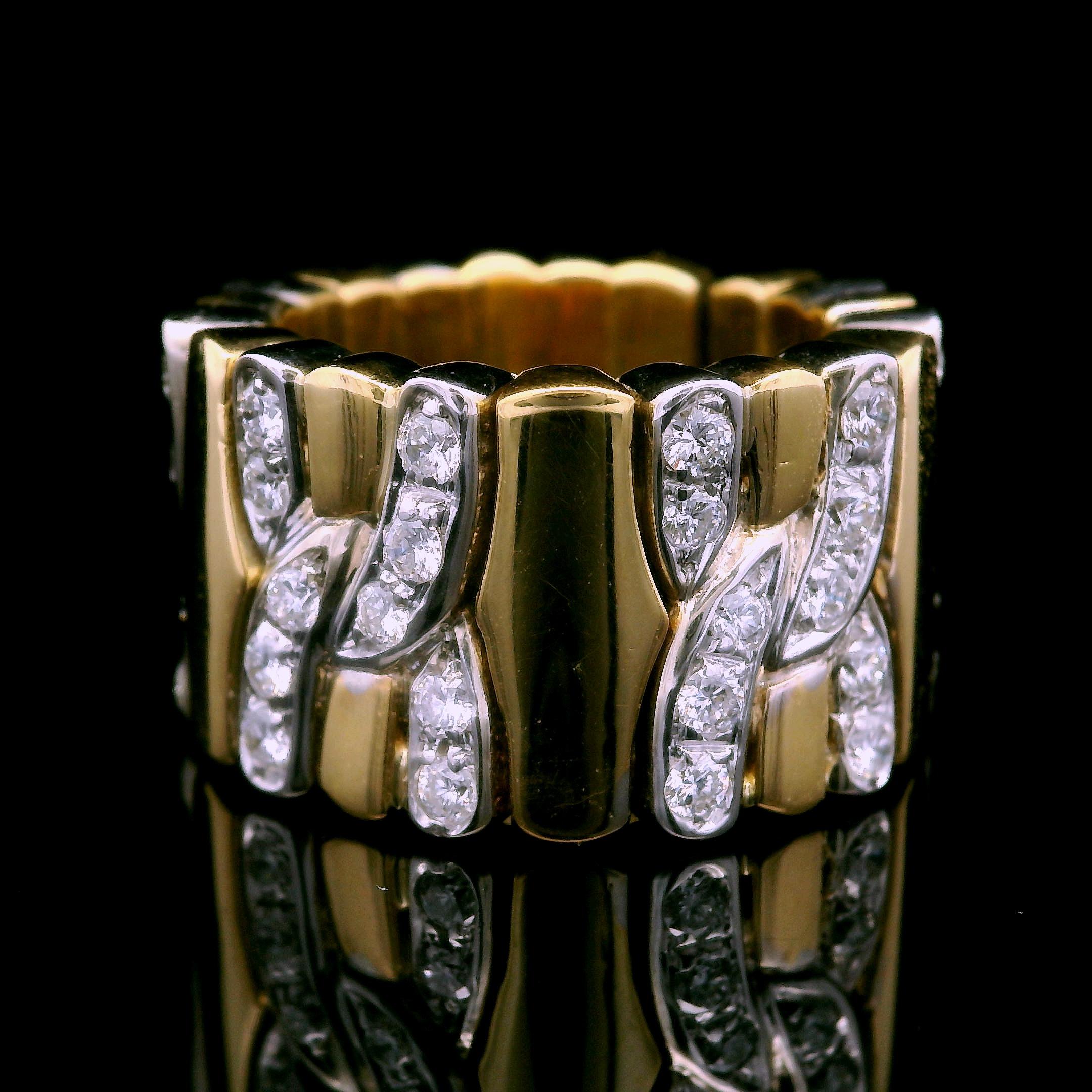 Women's 18k Yellow & White Gold 1ctw Diamond Flexible 12.8mm Wide Open Band Ring For Sale