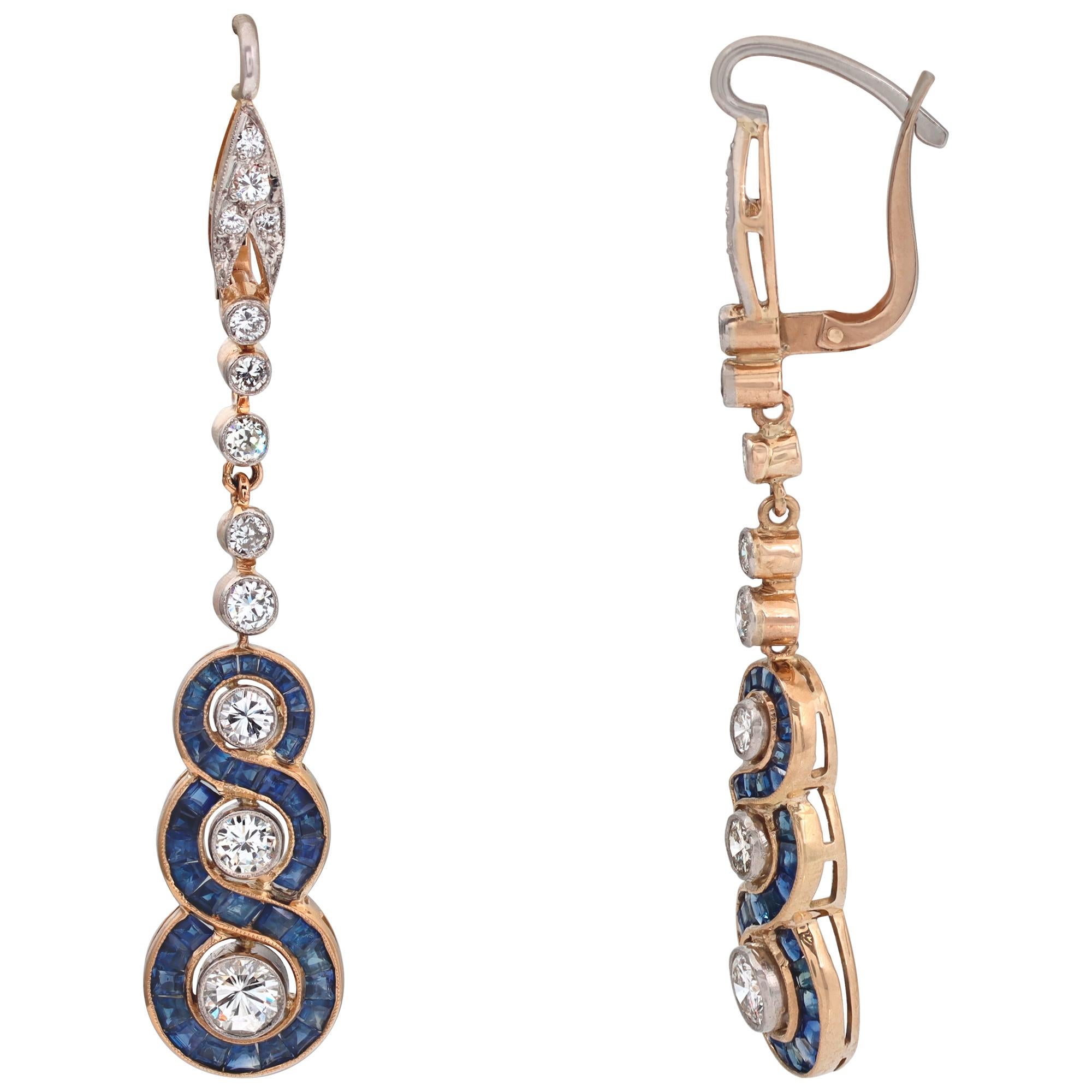 18k yellow & white gold Art Deco sapphire & diamonds drop earrings set In Excellent Condition For Sale In Surfside, FL