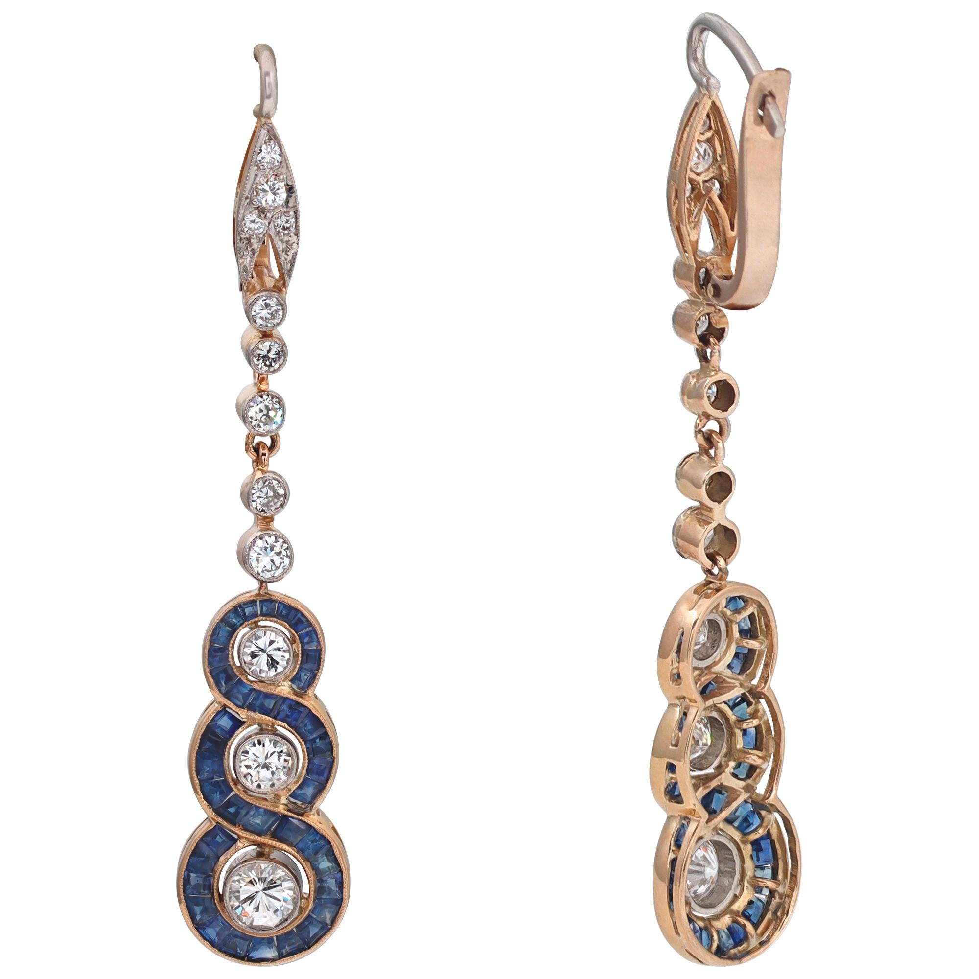 Women's 18k yellow & white gold Art Deco sapphire & diamonds drop earrings set For Sale