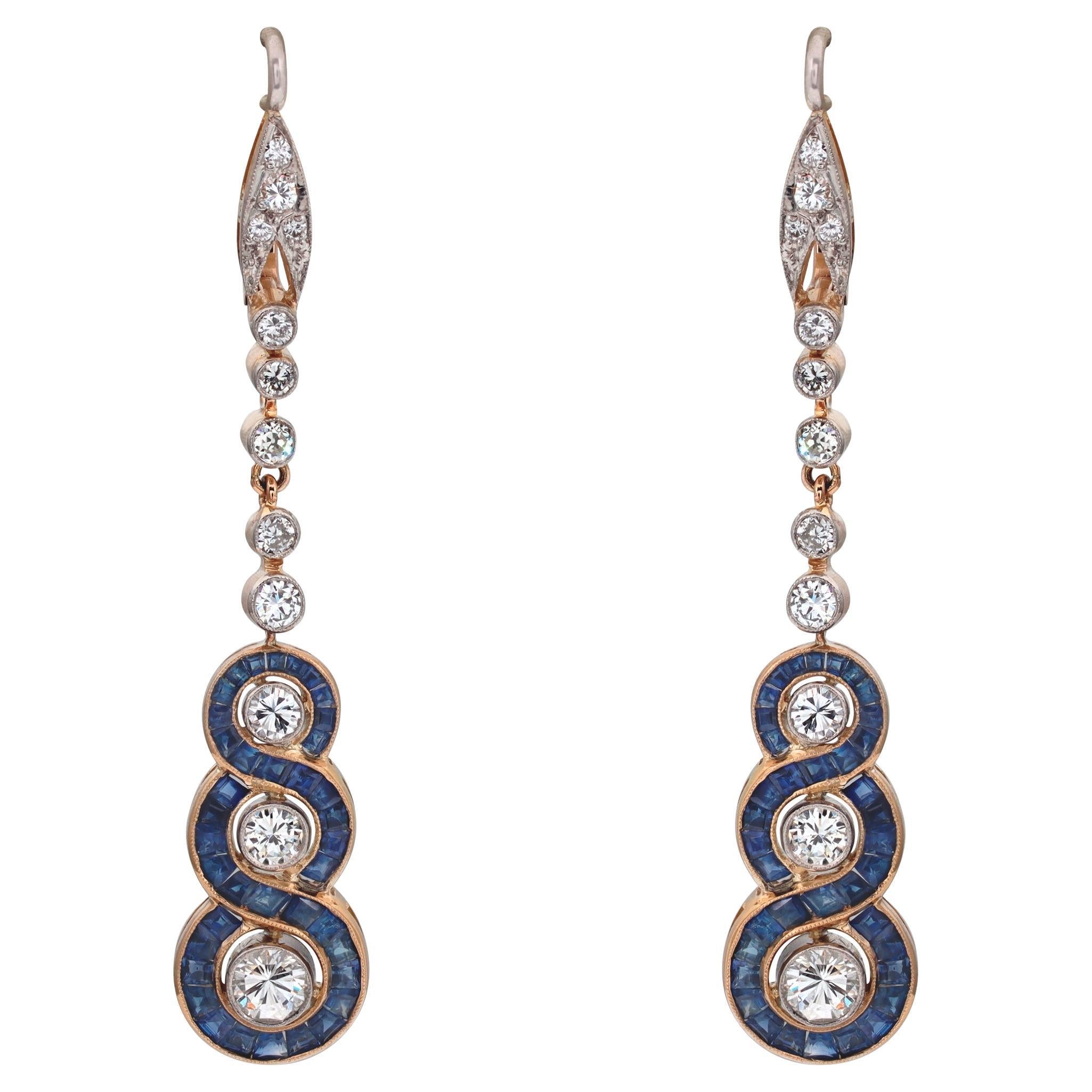 18k yellow & white gold Art Deco sapphire & diamonds drop earrings set