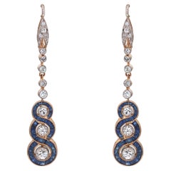 18k yellow & white gold Art Deco sapphire & diamonds drop earrings set