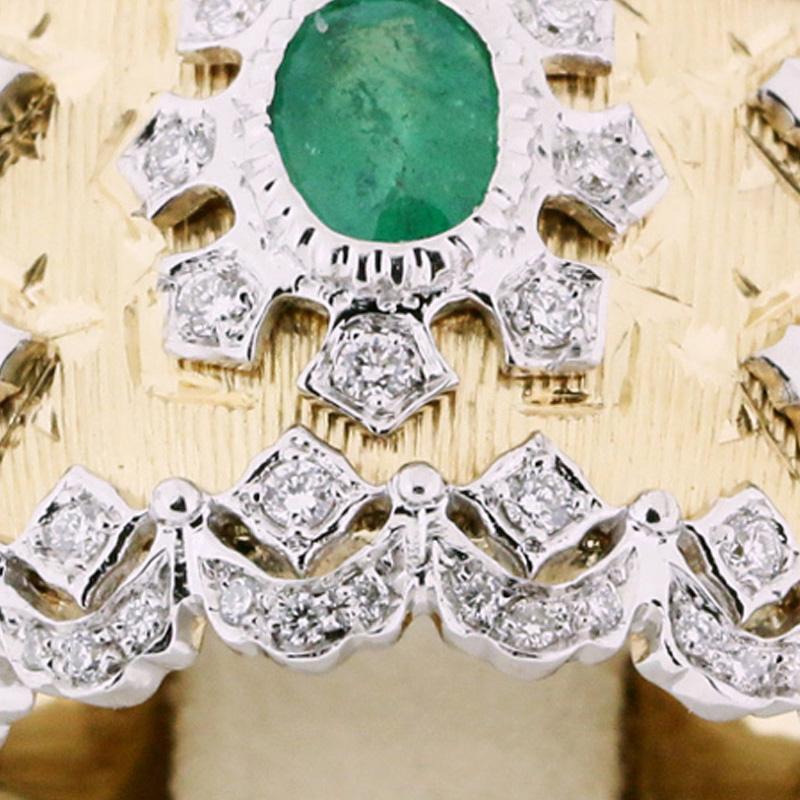 18K Yellow & White Gold Artisan Emerald Diamond Ring in Florentine Finish 2