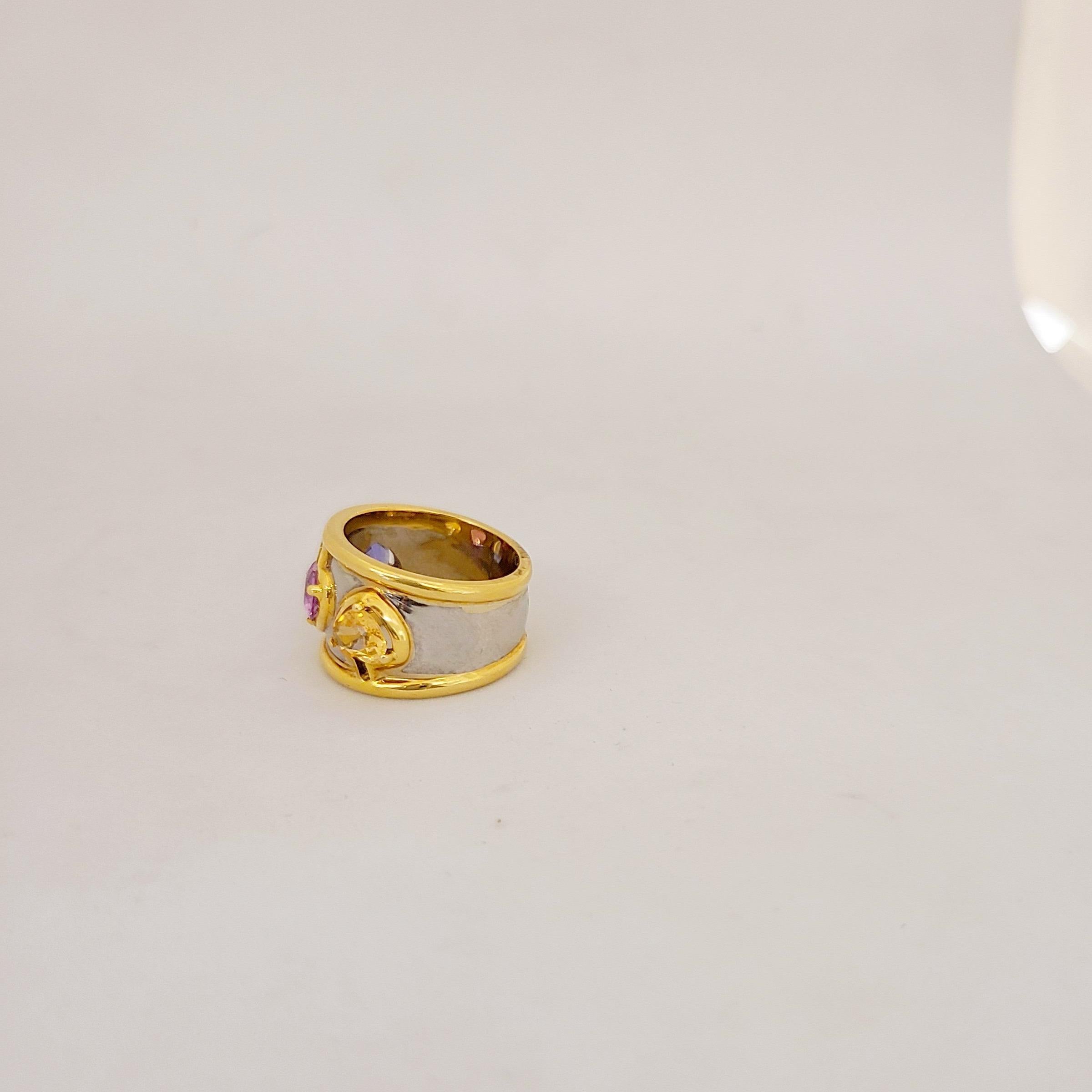 18 Karat Yellow and White Gold Band with Yellow, Pink and Blue Sapphire Hearts For Sale 4