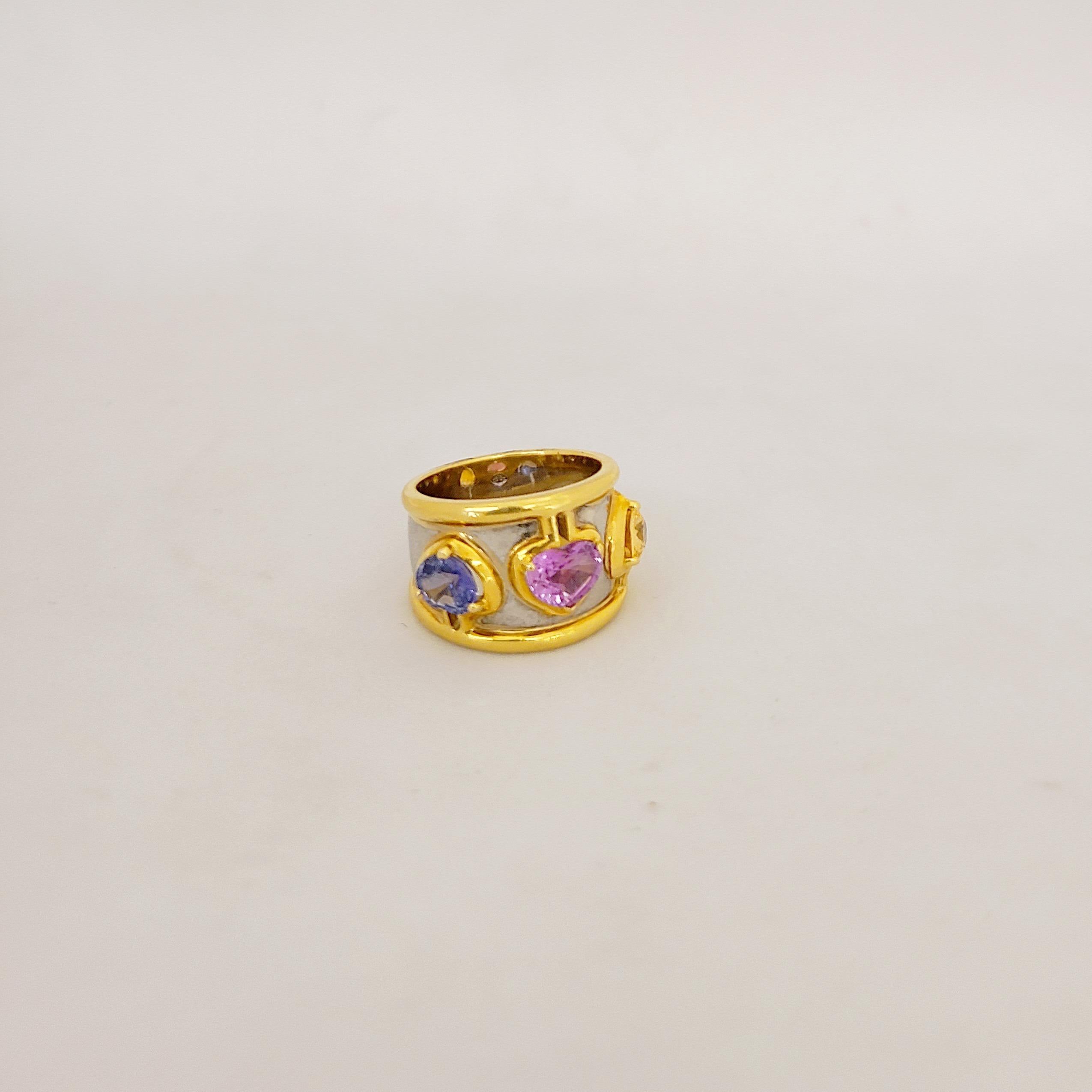 18 Karat Yellow and White Gold Band with Yellow, Pink and Blue Sapphire Hearts For Sale 5