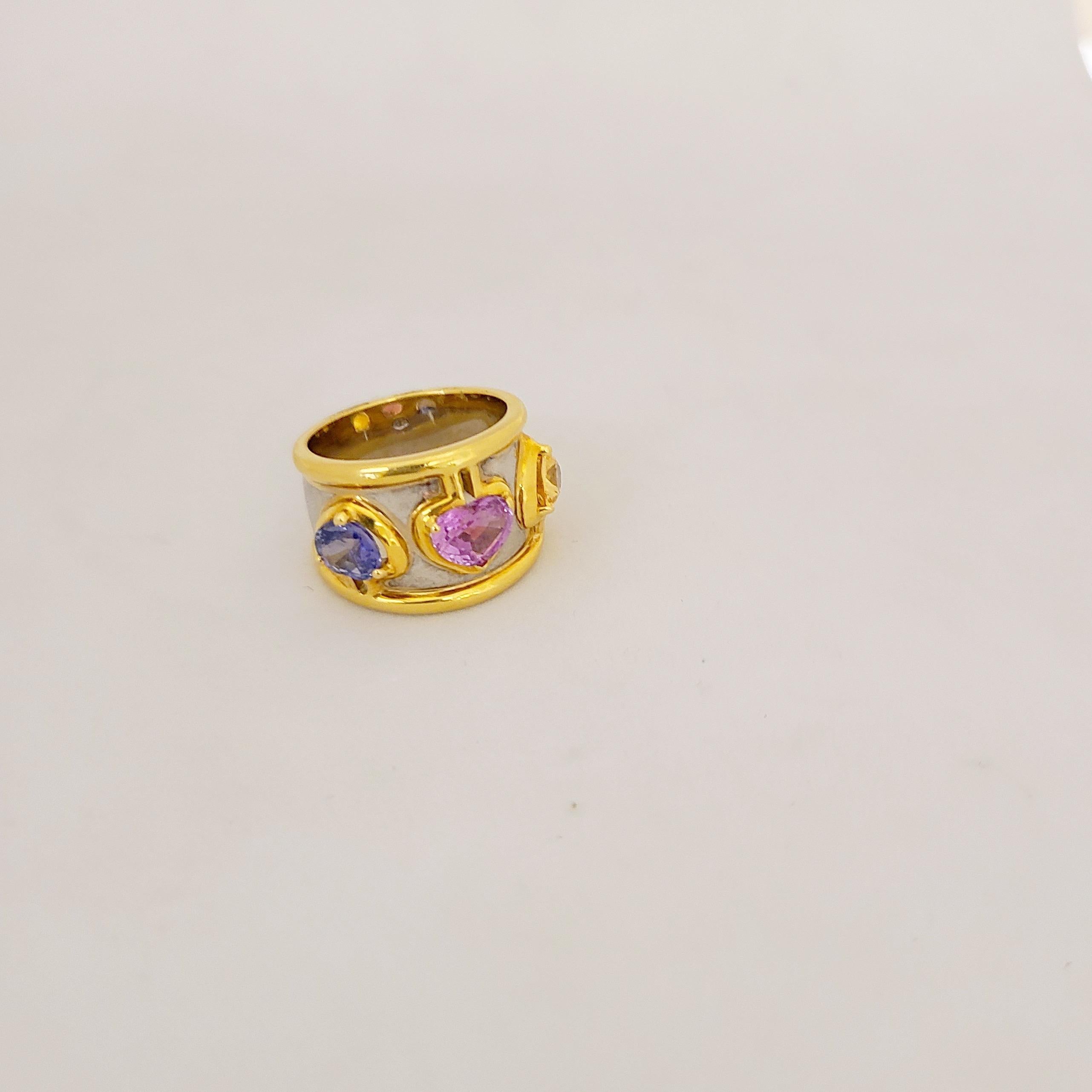 Women's or Men's 18 Karat Yellow and White Gold Band with Yellow, Pink and Blue Sapphire Hearts For Sale