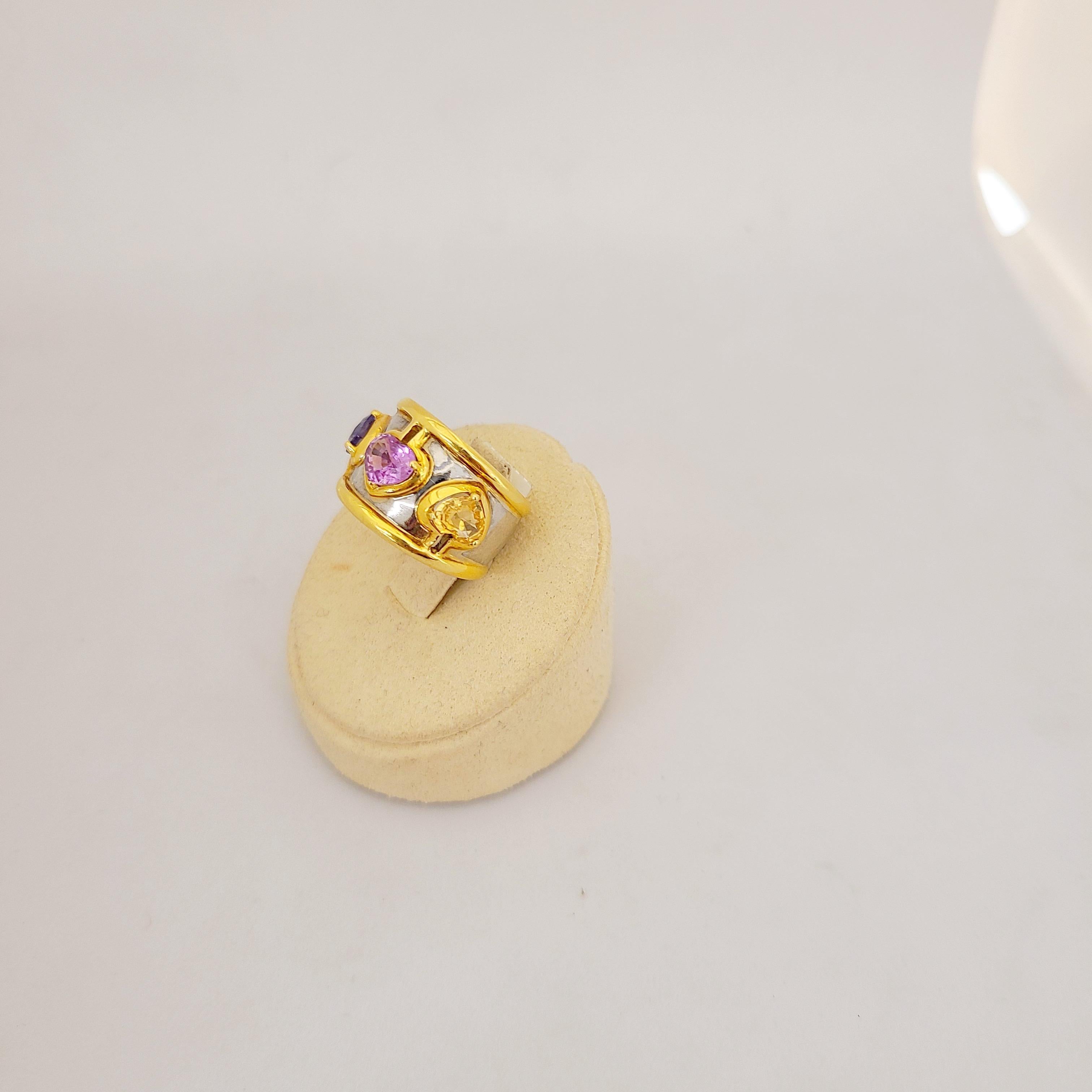 18 Karat Yellow and White Gold Band with Yellow, Pink and Blue Sapphire Hearts For Sale 1