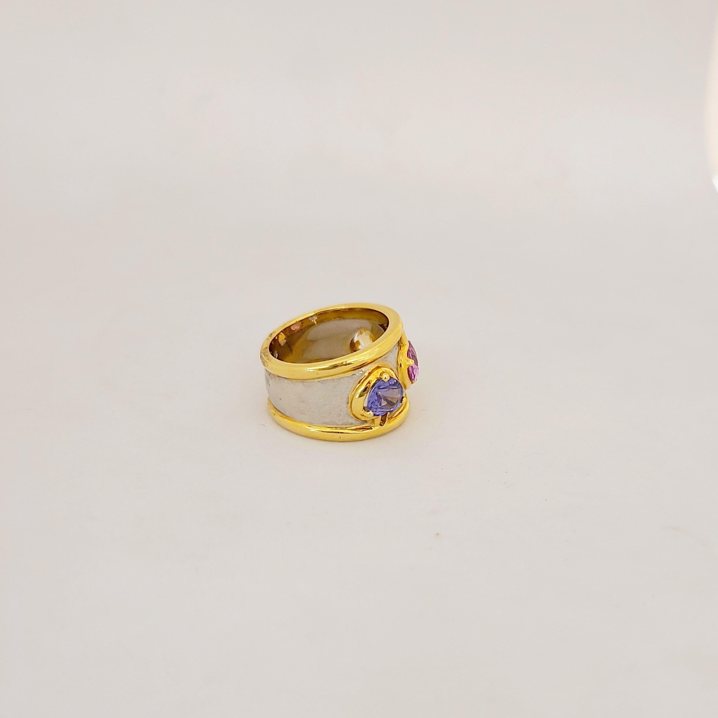 18 Karat Yellow and White Gold Band with Yellow, Pink and Blue Sapphire Hearts For Sale 2