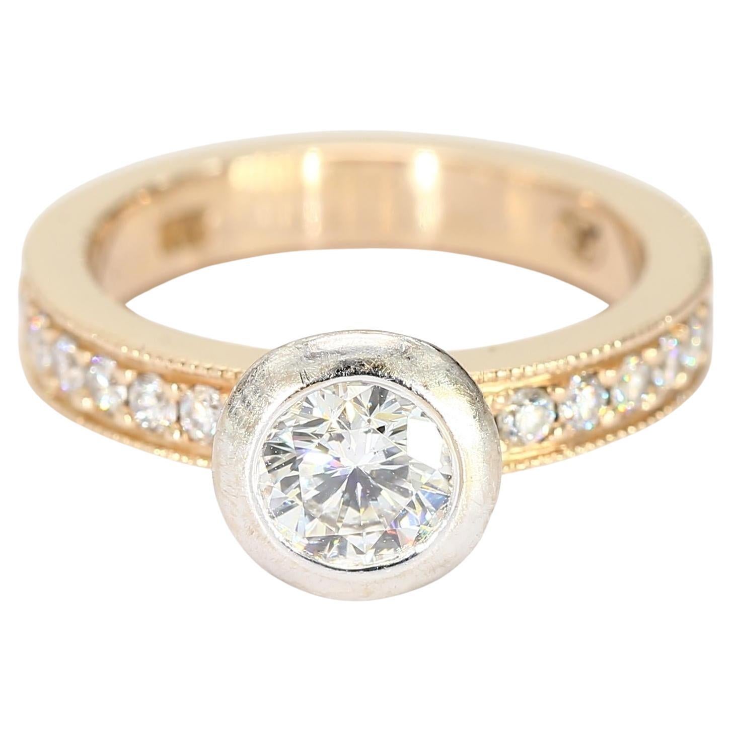 18k Yellow 
White Gold Bezel Set Solitaire Ring with Diamond Band - Size 5.75