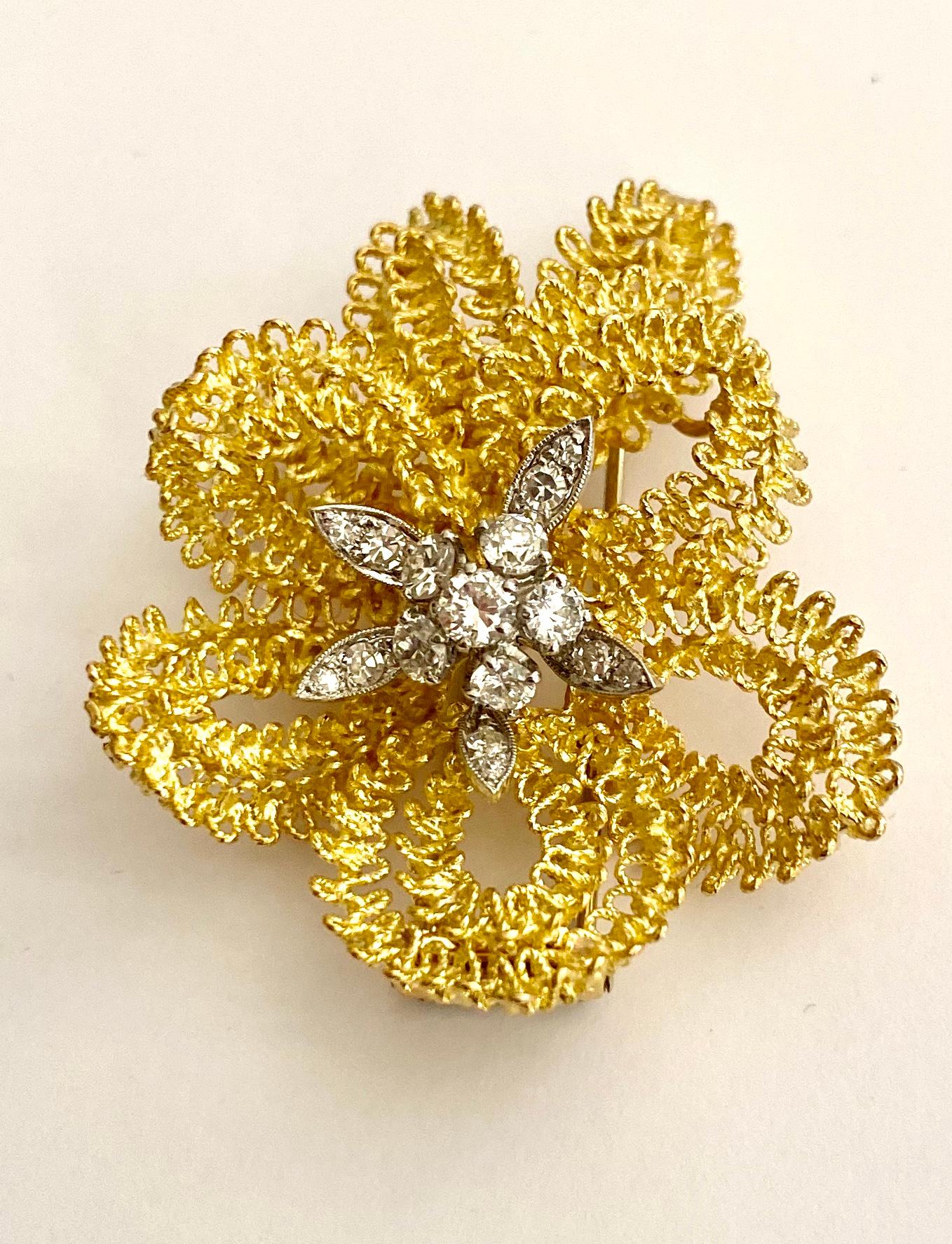 Modern 18 Karat Yellow and White Gold Brooch, Diamonds, France, 1960 For Sale