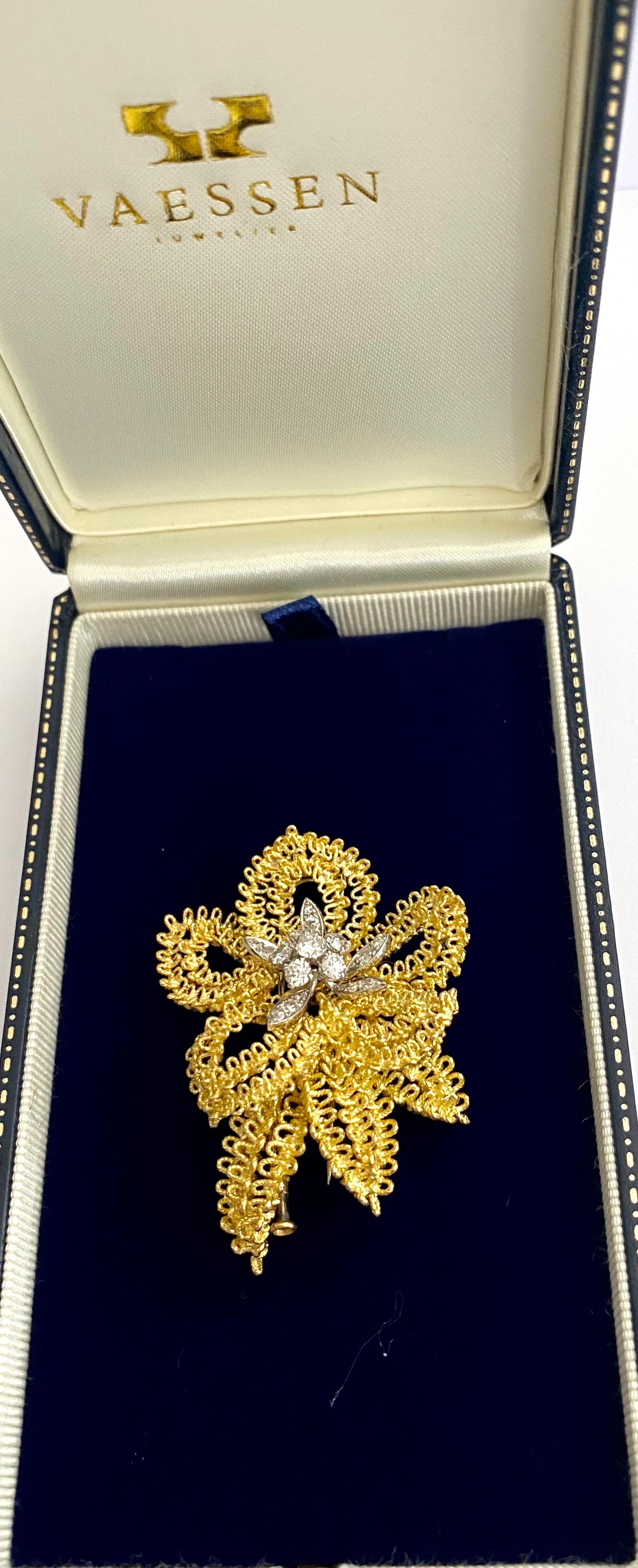 18 Karat Yellow and White Gold Brooch, Diamonds, France, 1960 For Sale 1
