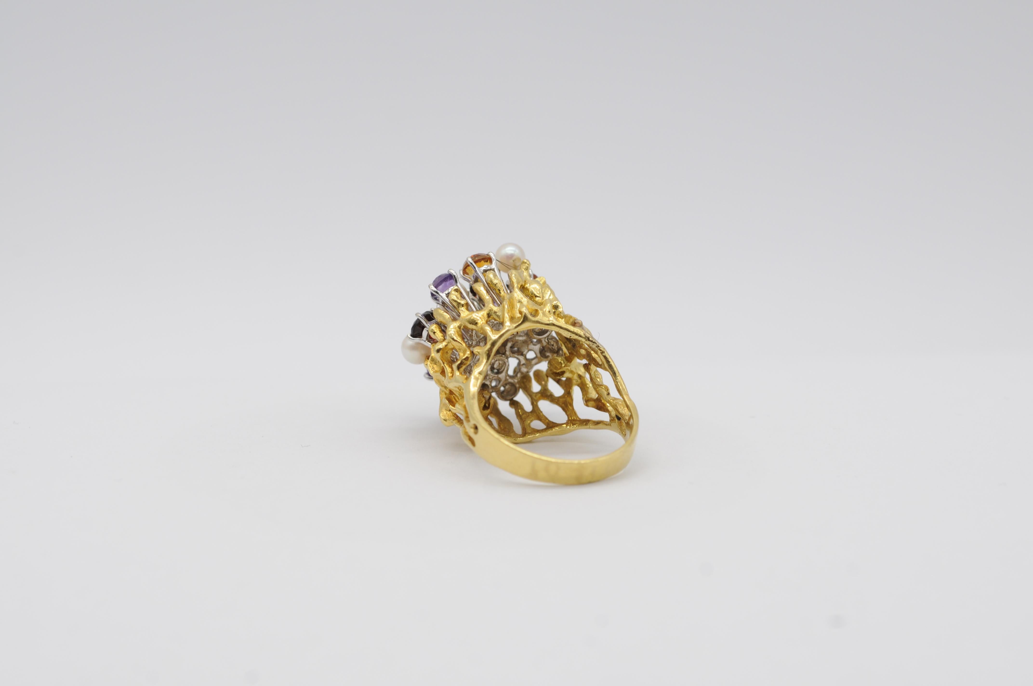 Anello Cocktail in oro giallo/bianco 18k con tormaline, citrini, ametiste e perle in vendita 4