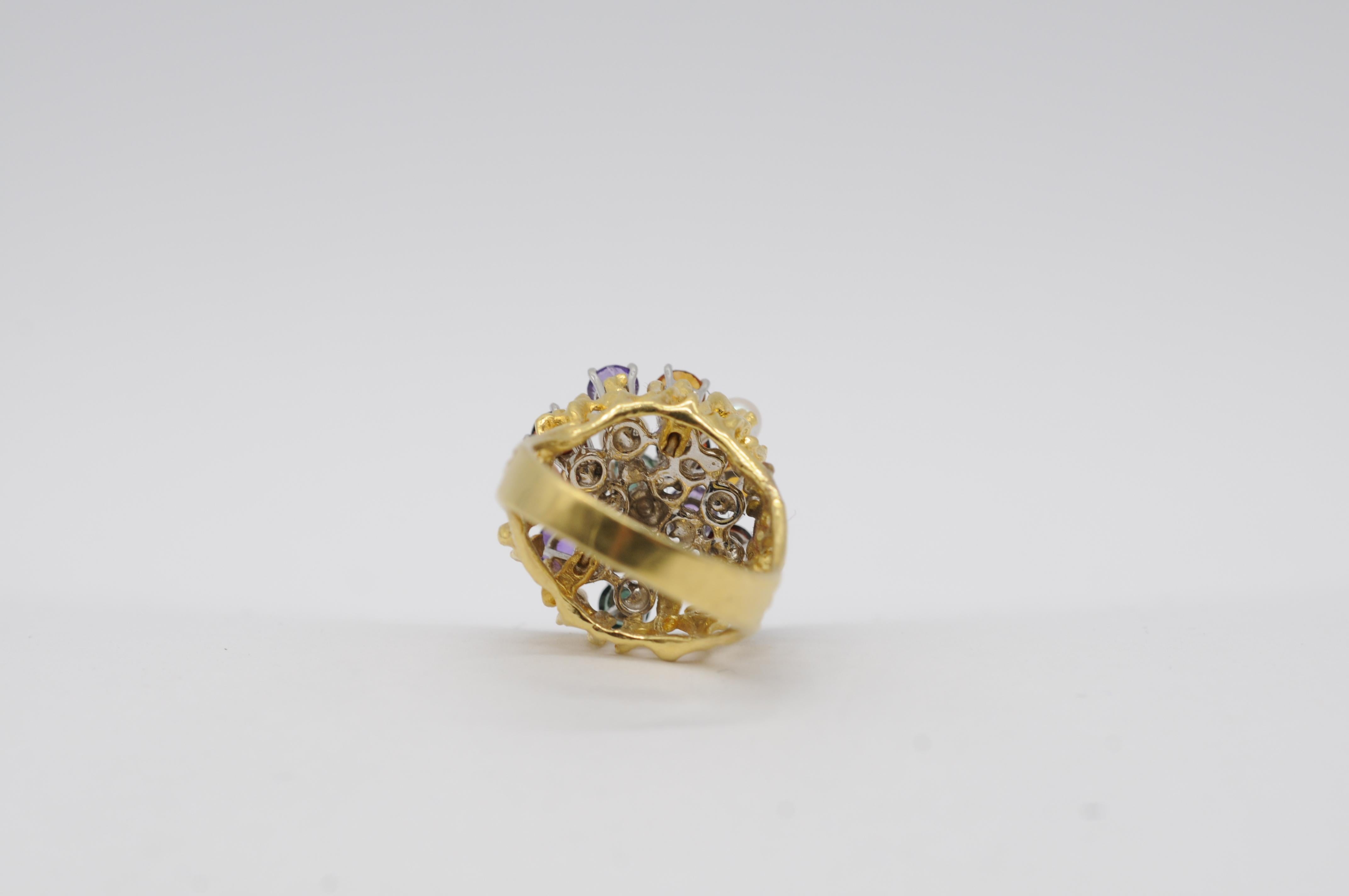 Anello Cocktail in oro giallo/bianco 18k con tormaline, citrini, ametiste e perle in vendita 5