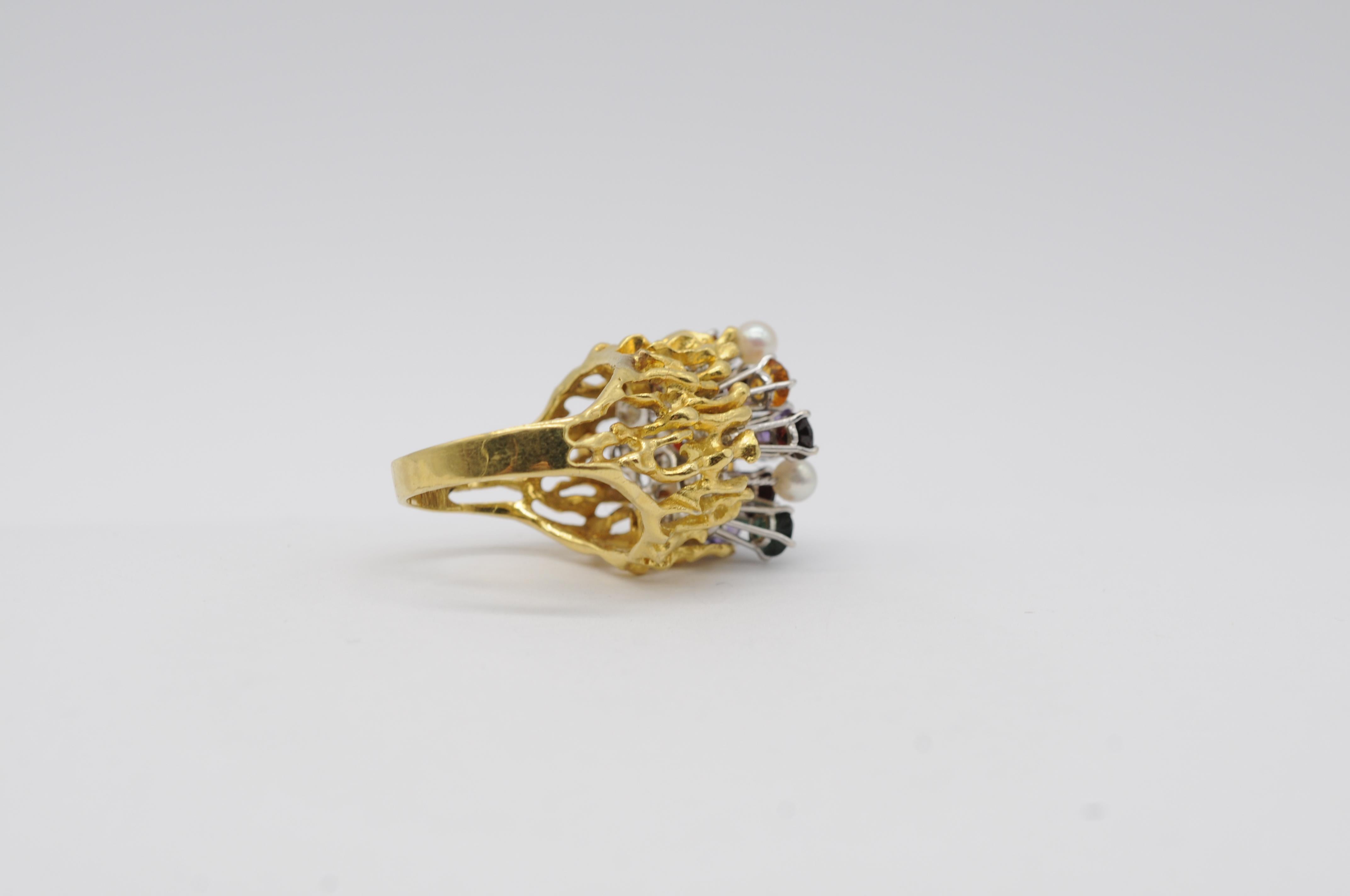 Anello Cocktail in oro giallo/bianco 18k con tormaline, citrini, ametiste e perle in vendita 7
