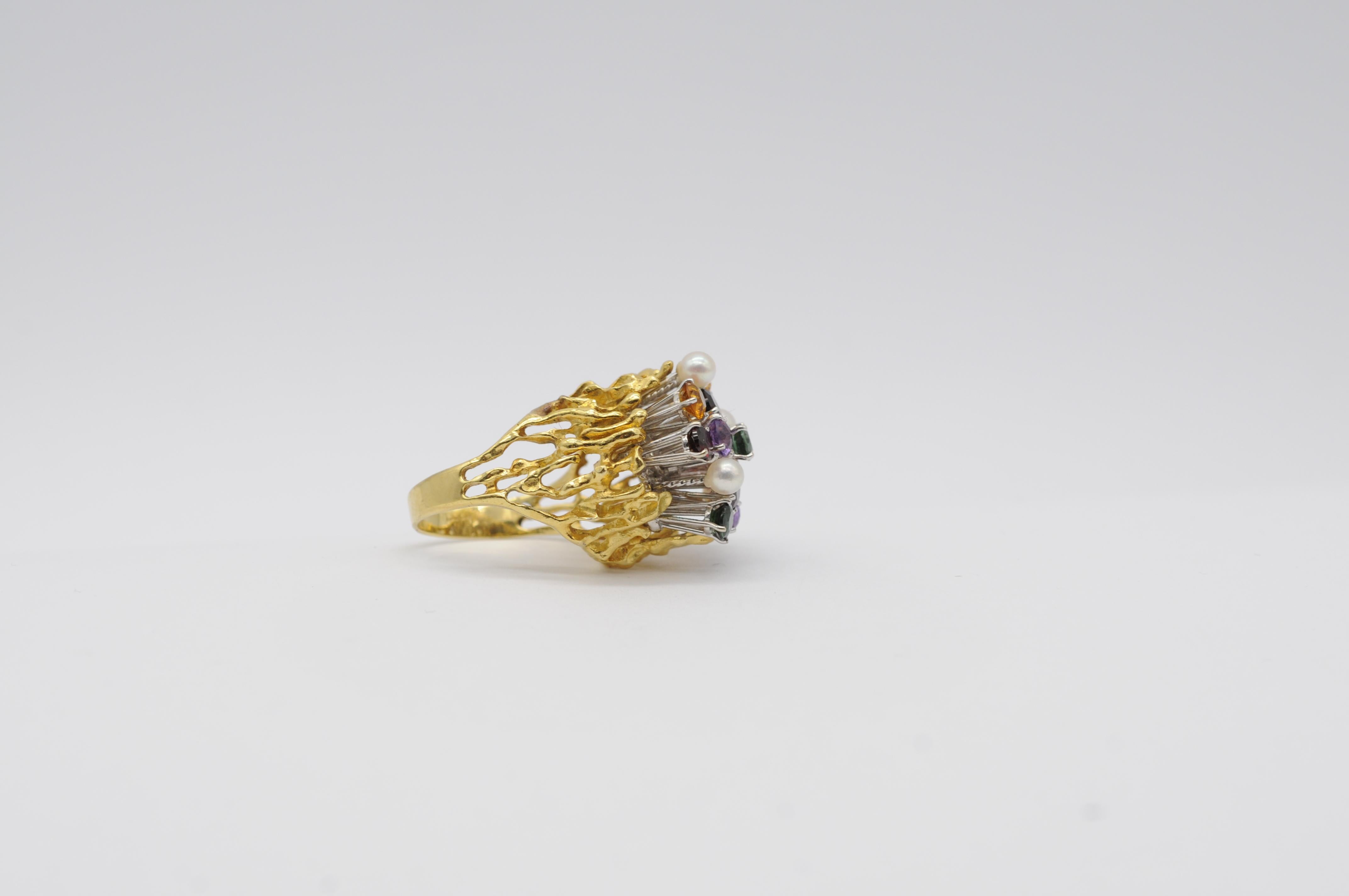 Anello Cocktail in oro giallo/bianco 18k con tormaline, citrini, ametiste e perle in vendita 8