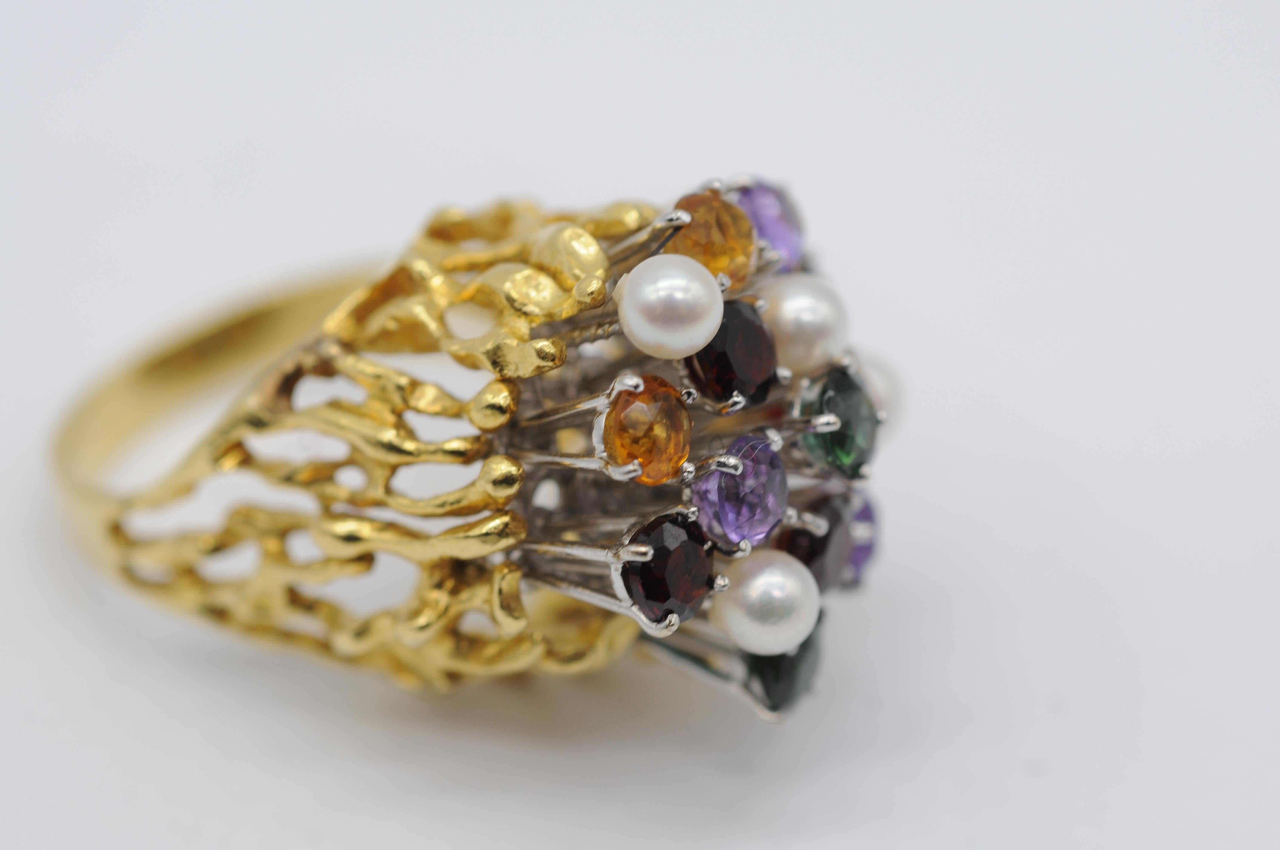 Anello Cocktail in oro giallo/bianco 18k con tormaline, citrini, ametiste e perle in vendita 9
