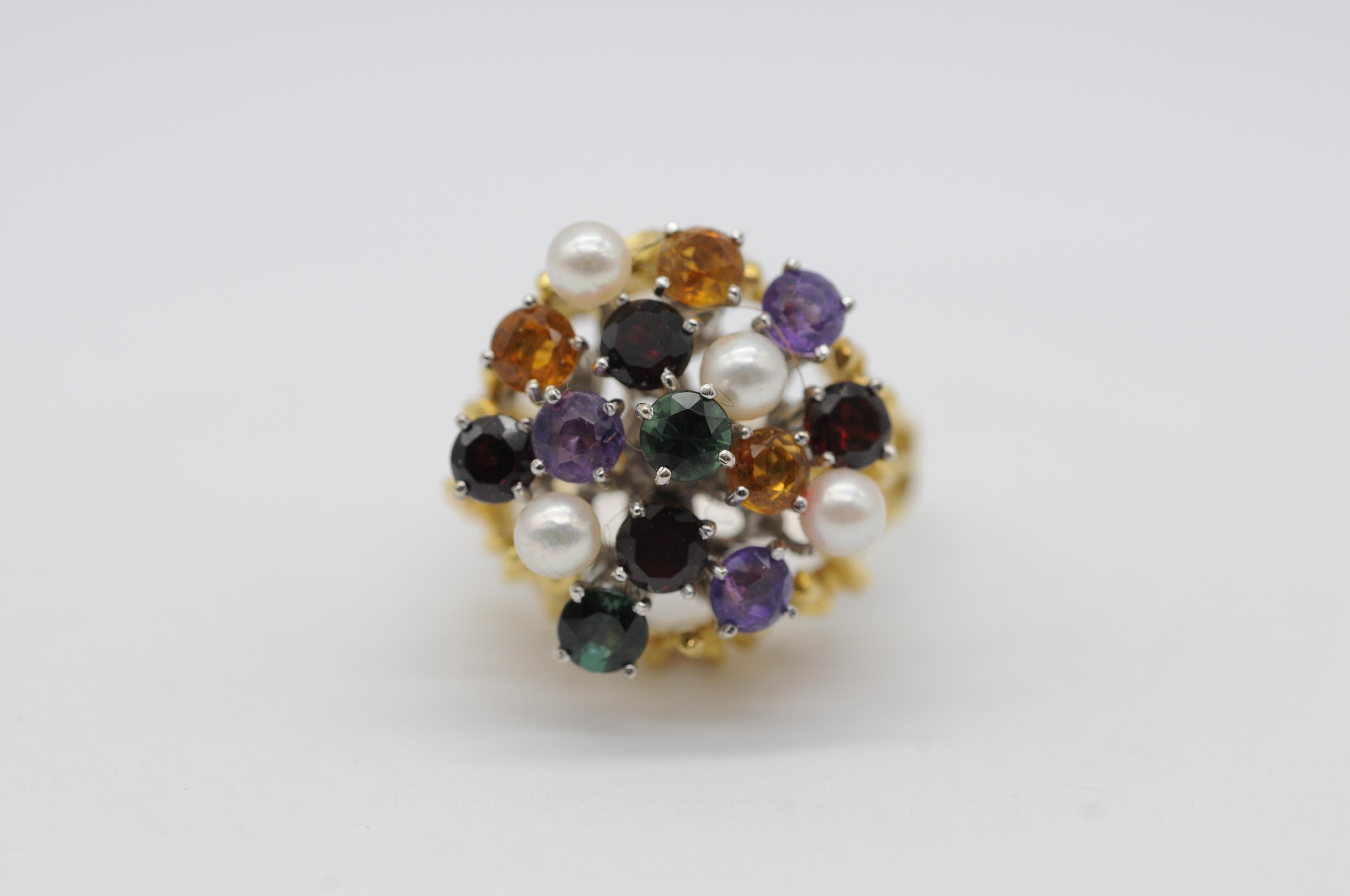 Taglio brillante Anello Cocktail in oro giallo/bianco 18k con tormaline, citrini, ametiste e perle in vendita