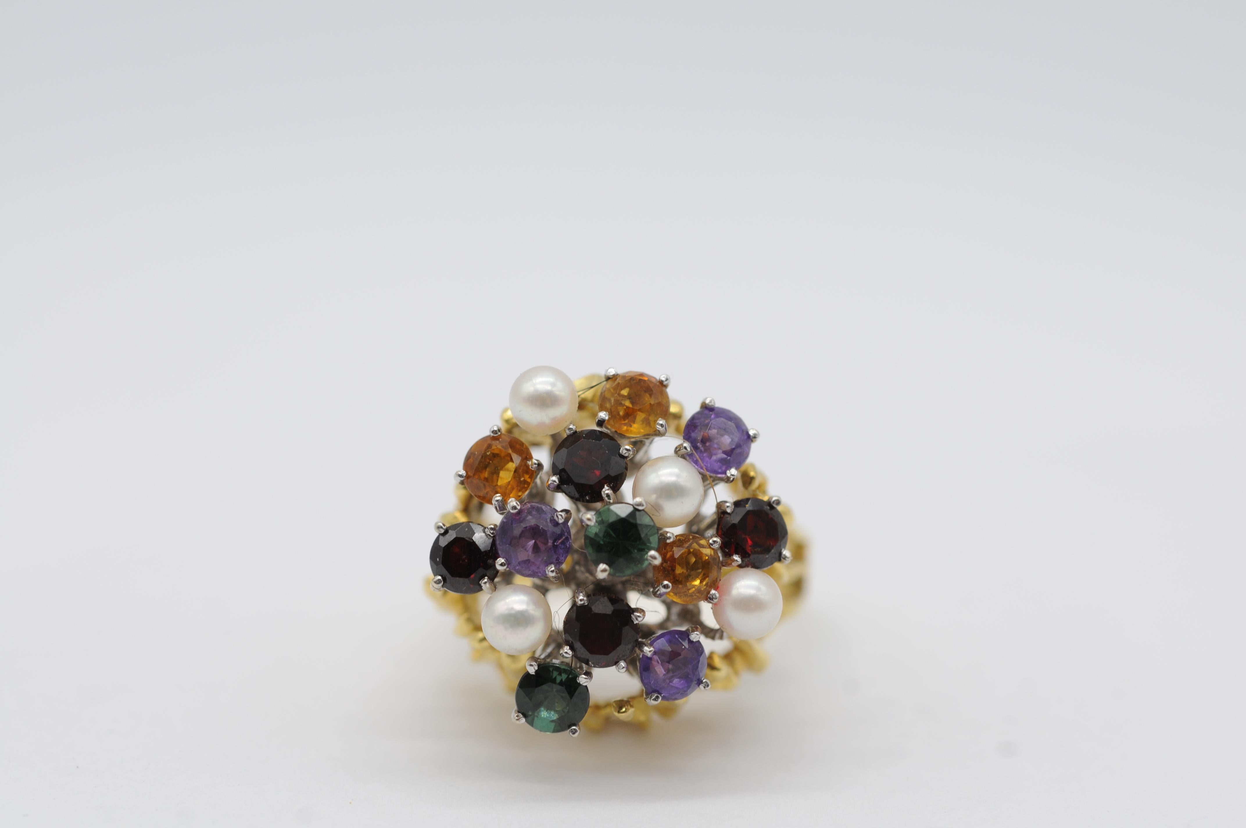 Anello Cocktail in oro giallo/bianco 18k con tormaline, citrini, ametiste e perle In condizioni buone in vendita a Berlin, BE