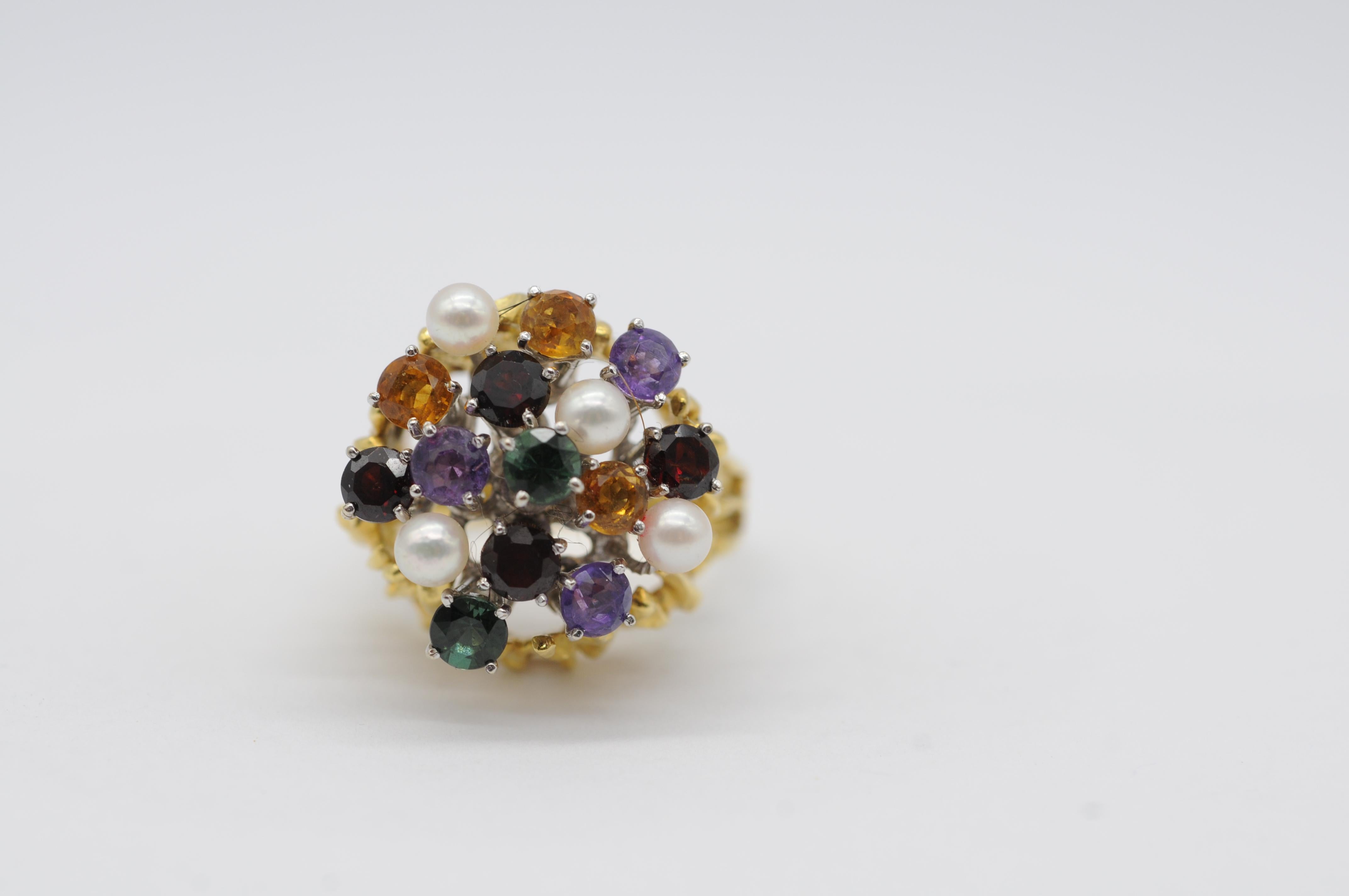 Anello Cocktail in oro giallo/bianco 18k con tormaline, citrini, ametiste e perle in vendita 1