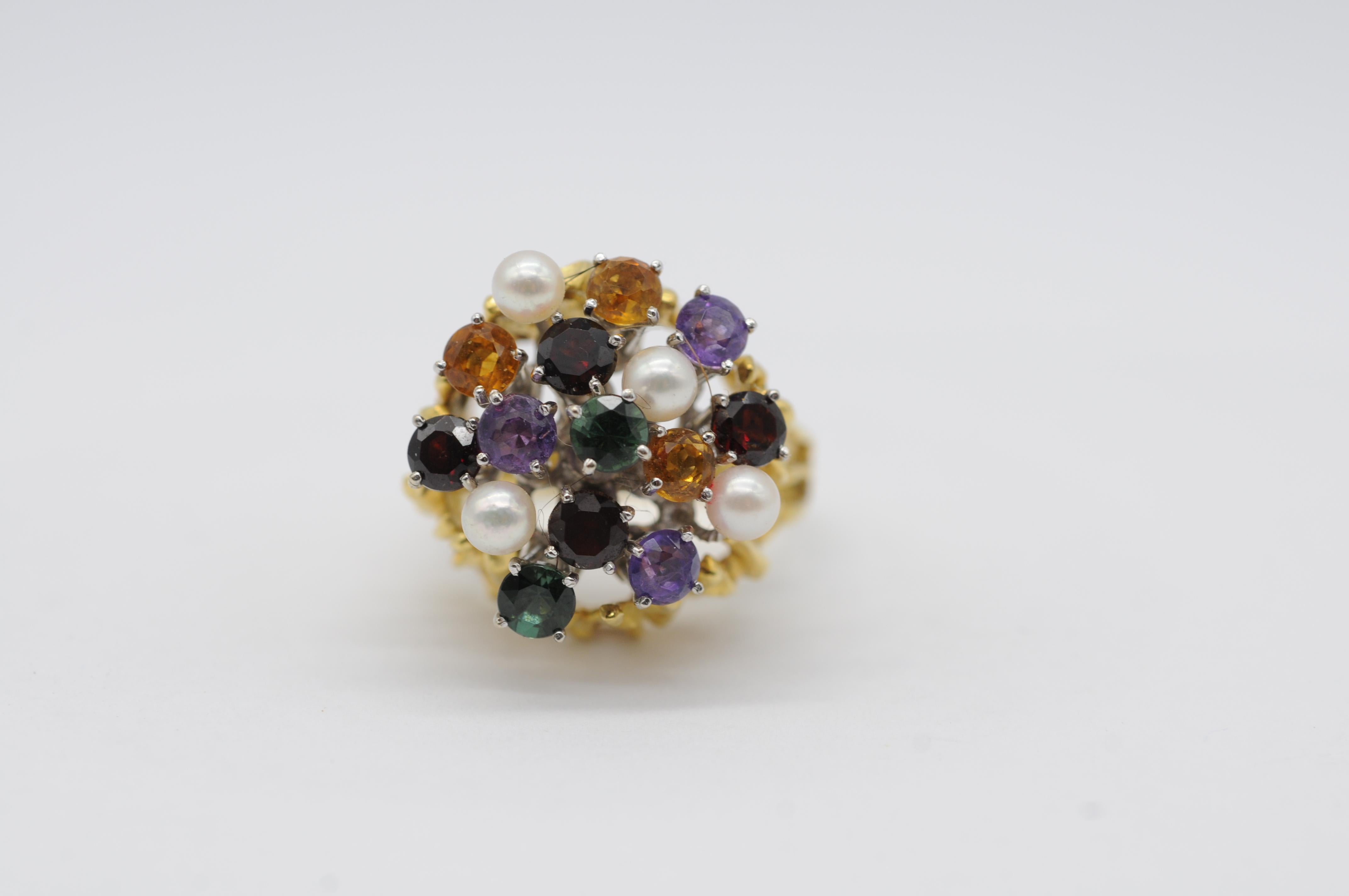Anello Cocktail in oro giallo/bianco 18k con tormaline, citrini, ametiste e perle in vendita 2