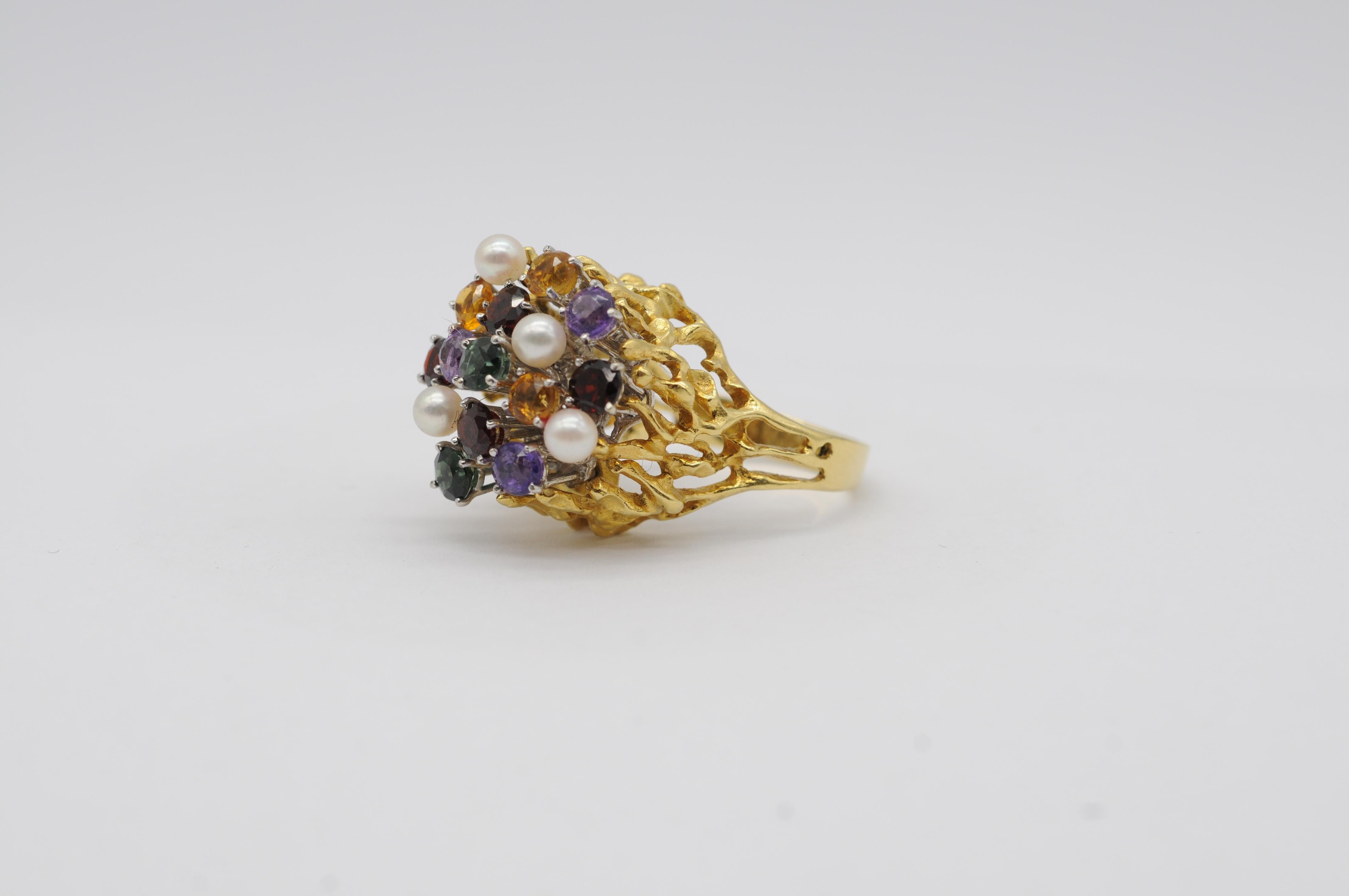 Anello Cocktail in oro giallo/bianco 18k con tormaline, citrini, ametiste e perle in vendita 3