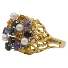 18k Yellow/White Gold Cocktail Ring with Tourmalines, Citrines, Amethysts&Pearl