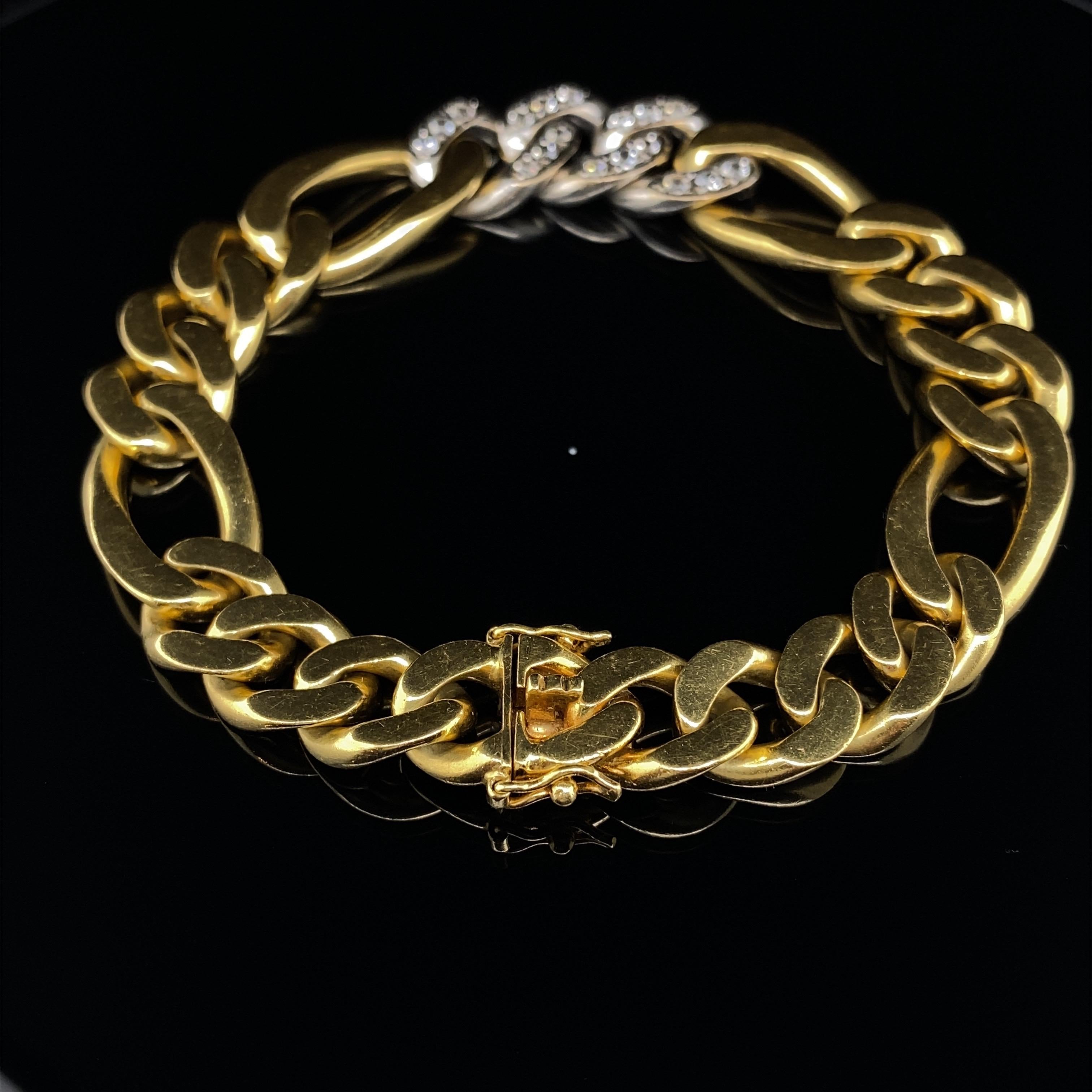 Brilliant Cut 18 Karat Yellow and White Gold Curb Link and Diamond Unisex Bracelet For Sale