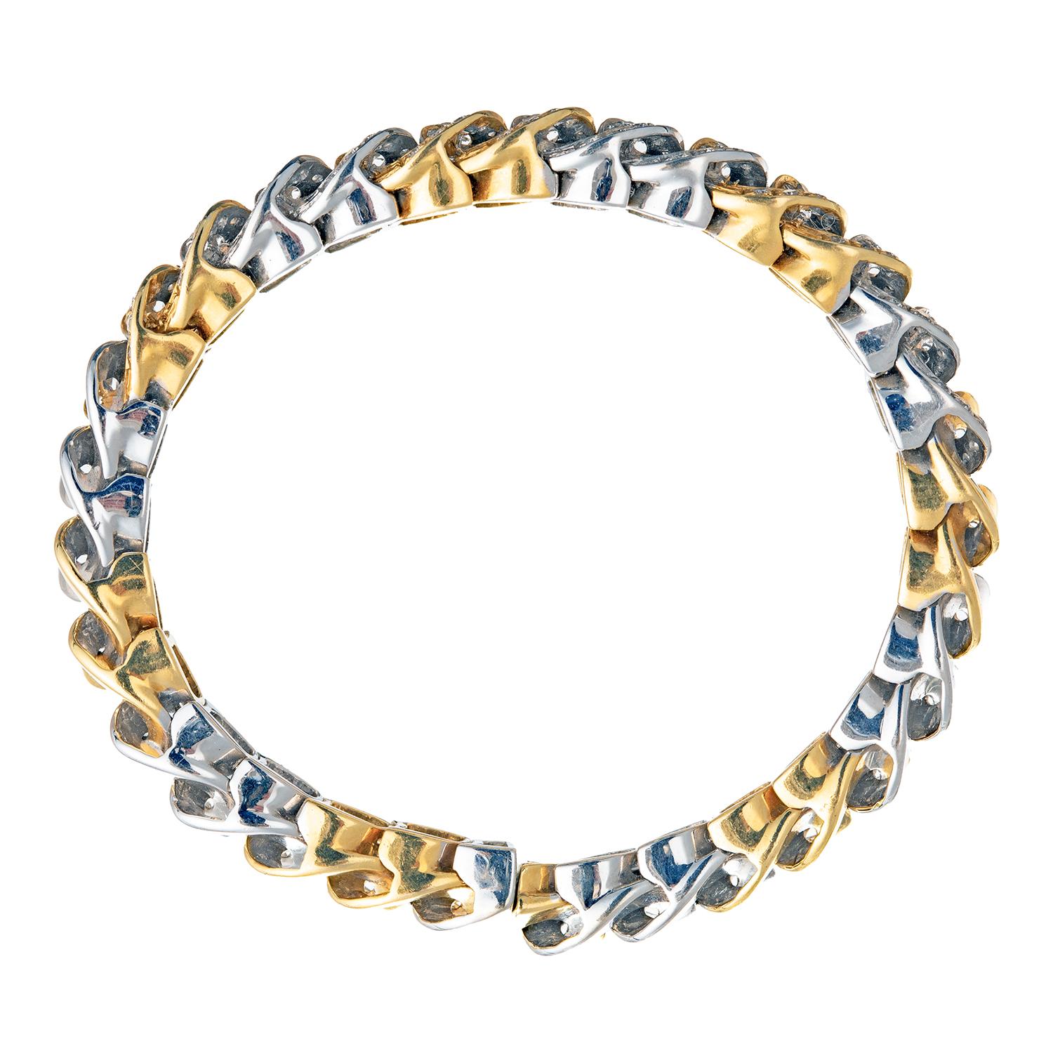Brilliant Cut 18k Yellow White Gold Diamond Curb Link Cuff Bracelet For Sale