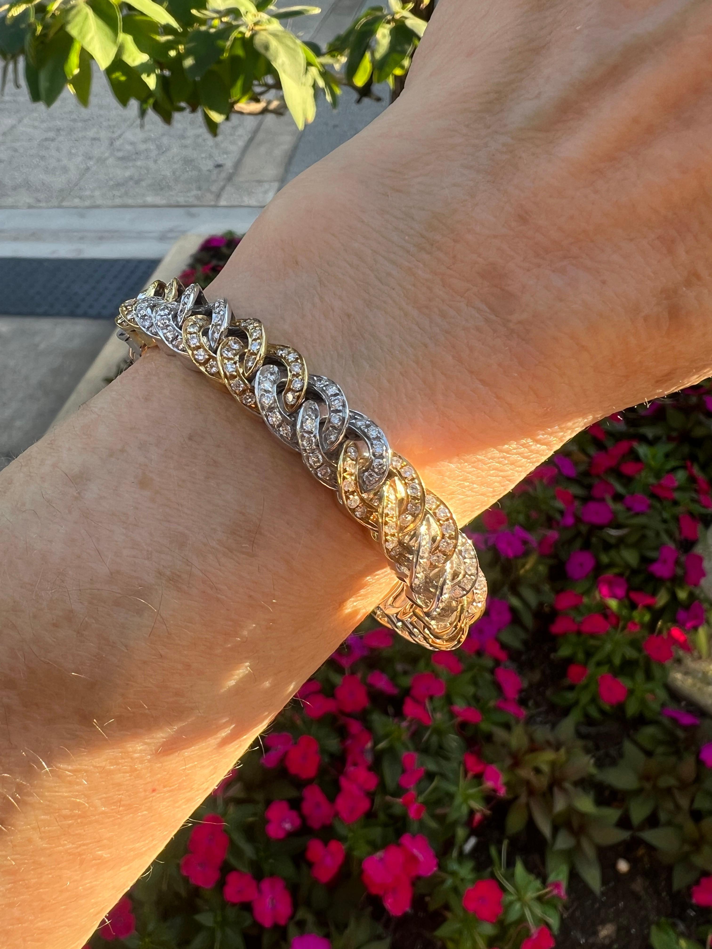 Women's or Men's 18k Yellow White Gold Diamond Curb Link Cuff Bracelet For Sale