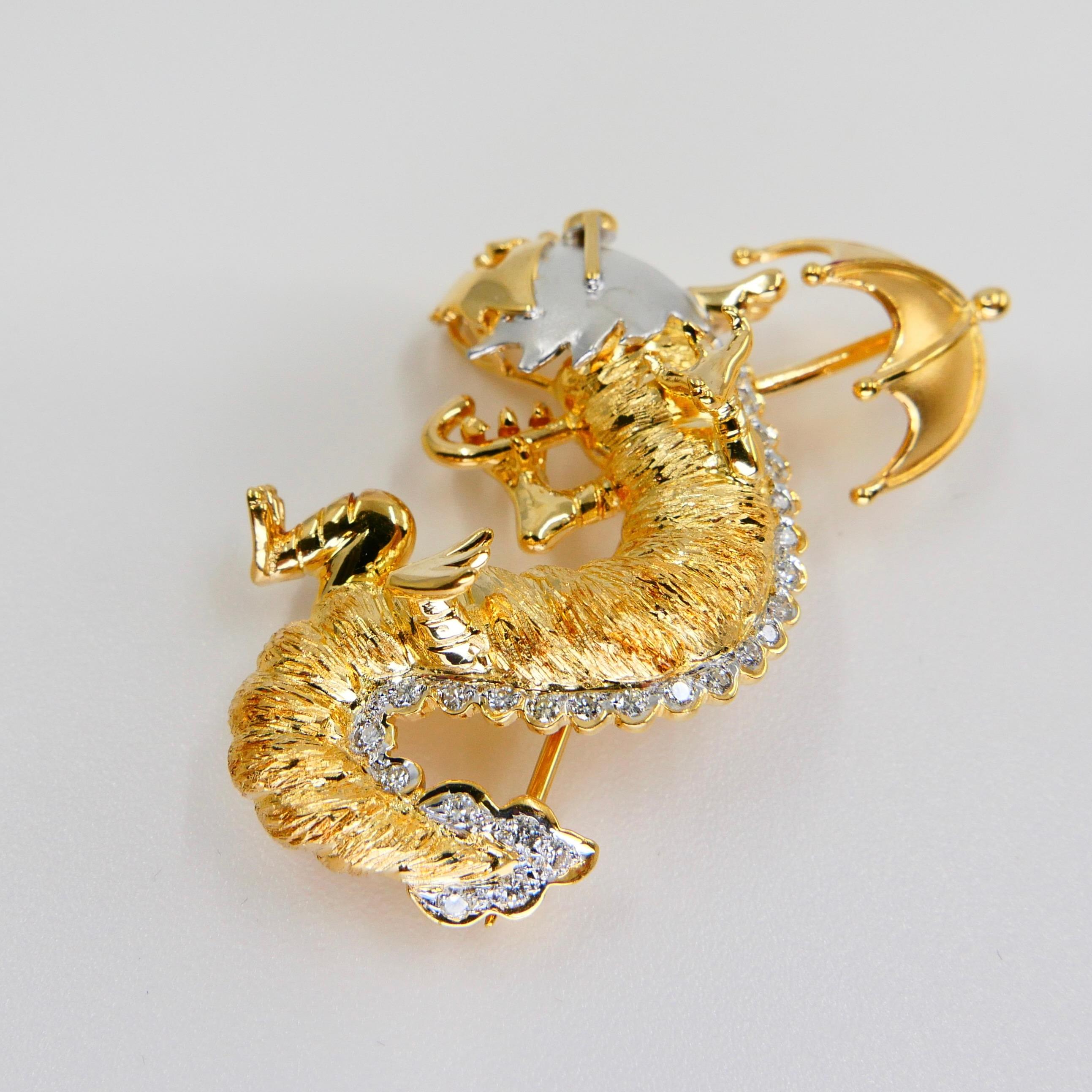 18K Yellow & White Gold, Diamond Dragon with Umbrella & Sunglasses Brooch For Sale 6