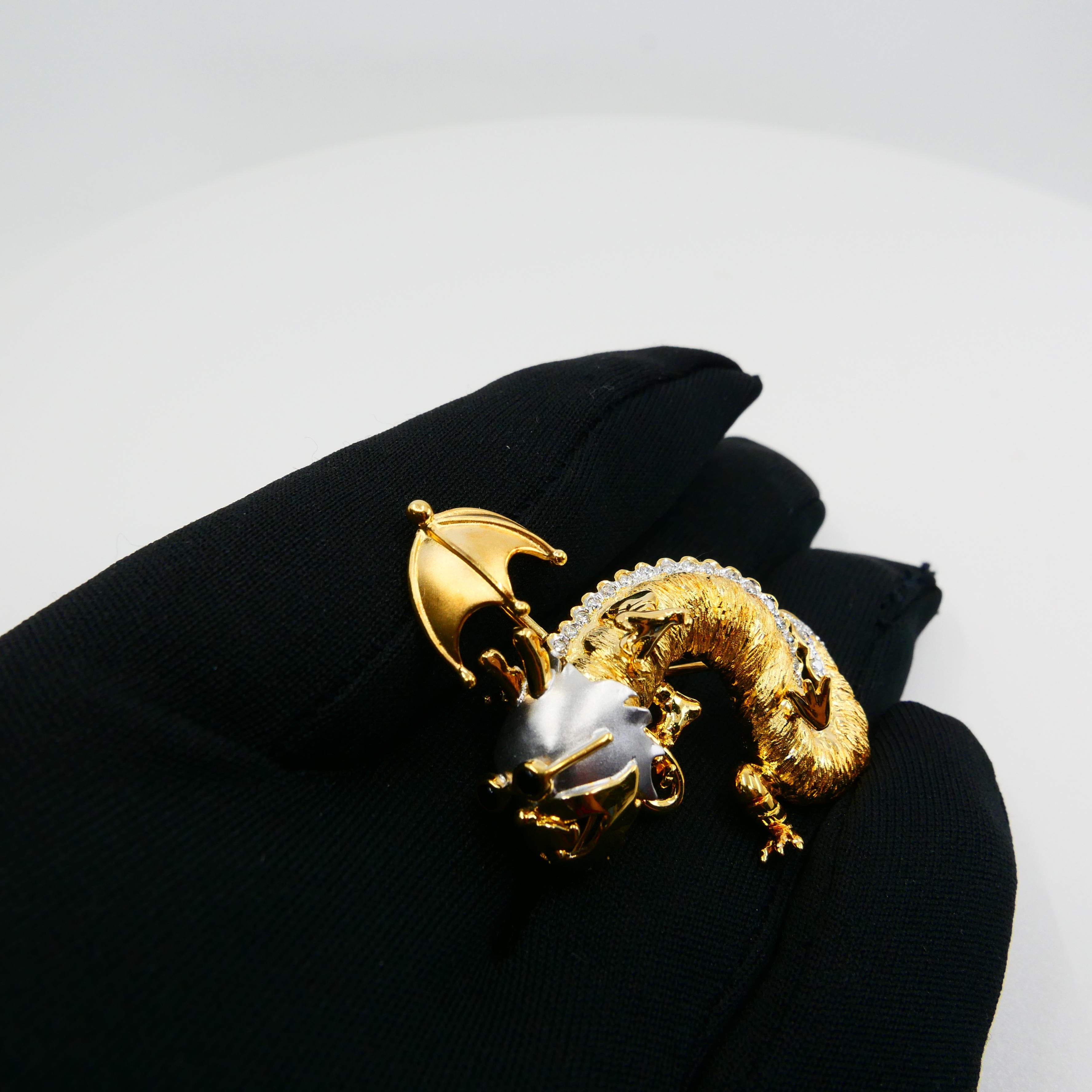Round Cut 18K Yellow & White Gold, Diamond Dragon with Umbrella & Sunglasses Brooch For Sale