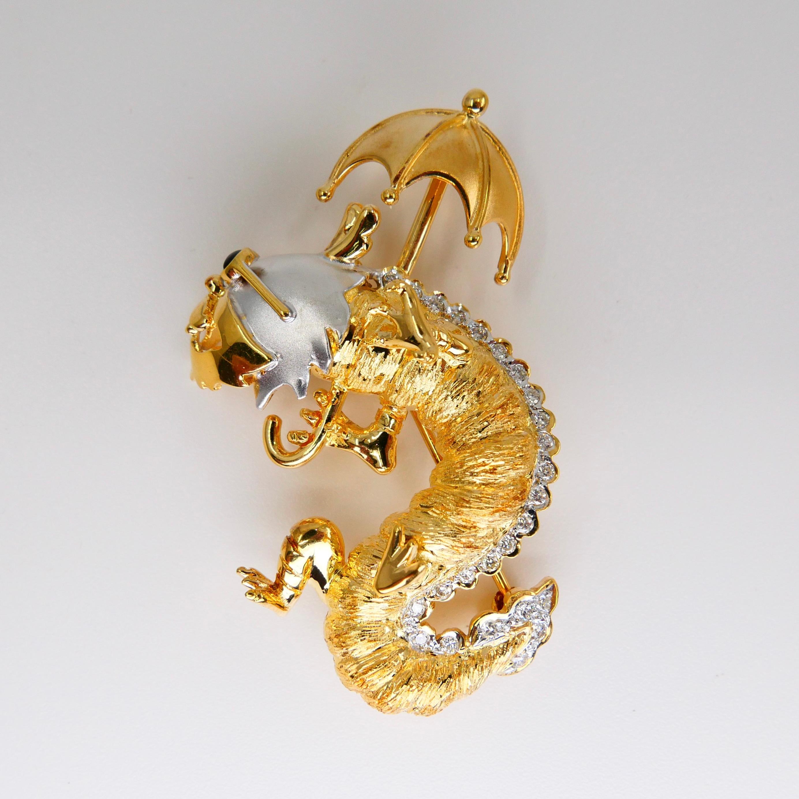 18K Yellow & White Gold, Diamond Dragon with Umbrella & Sunglasses Brooch In New Condition For Sale In Hong Kong, HK