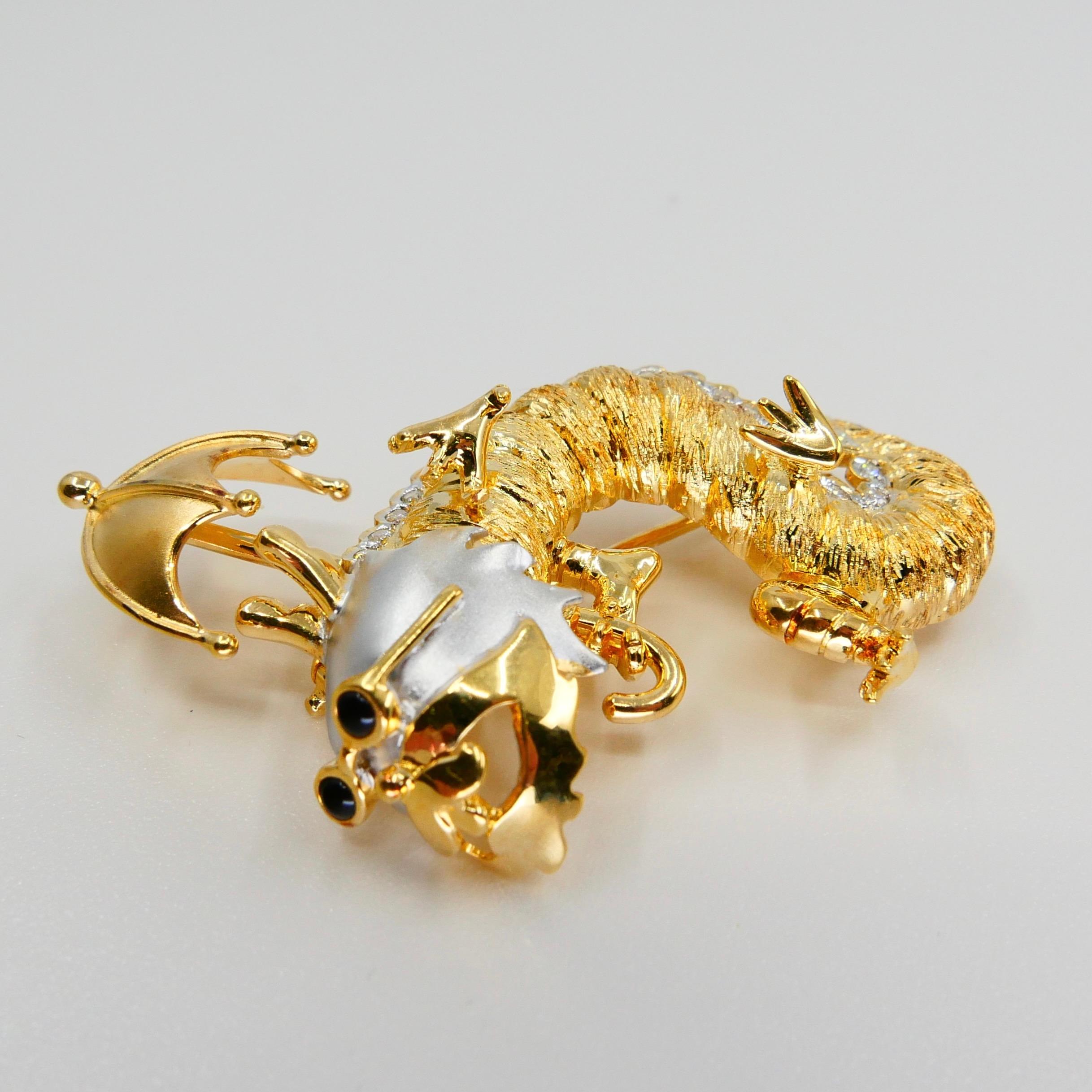 Women's or Men's 18K Yellow & White Gold, Diamond Dragon with Umbrella & Sunglasses Brooch For Sale