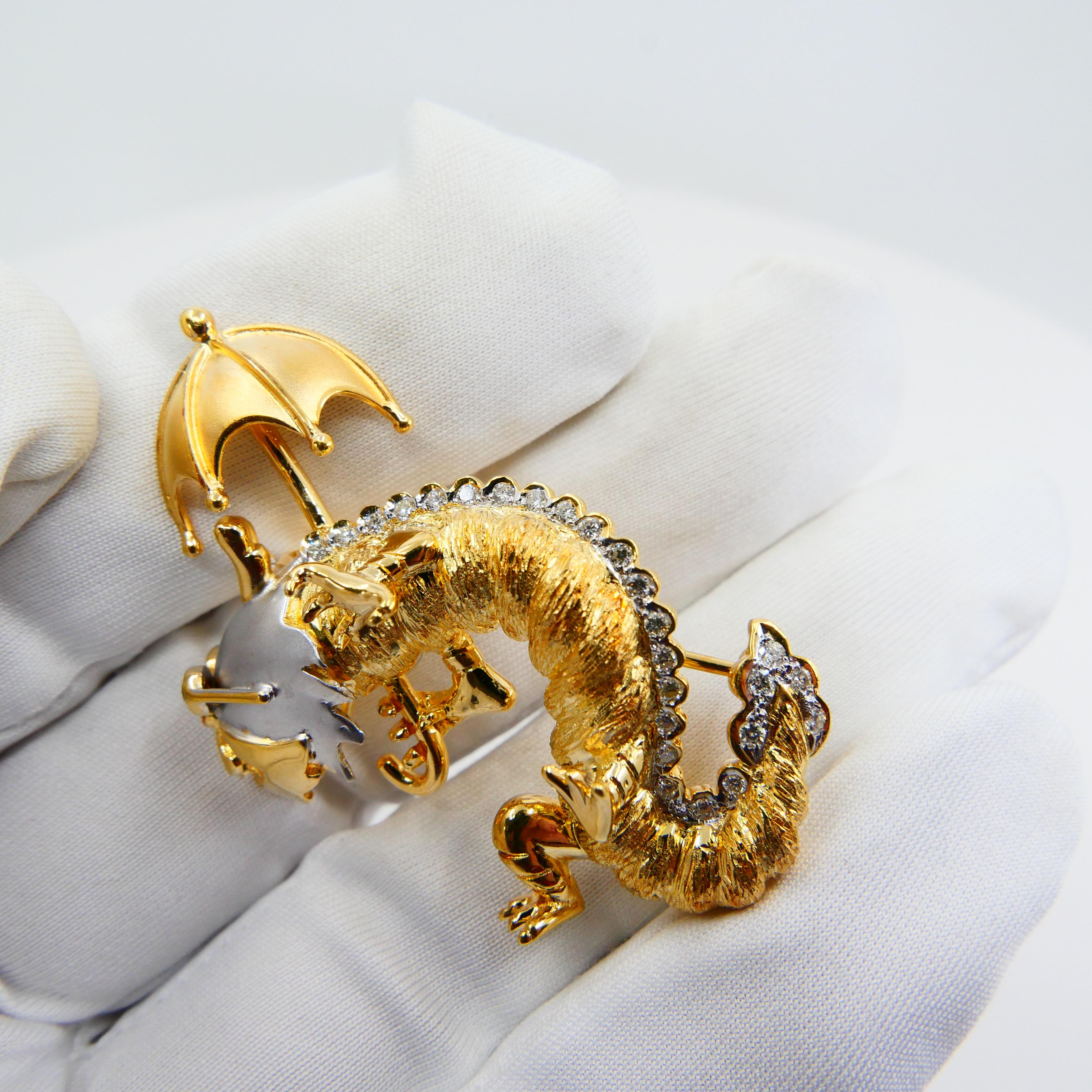18K Yellow & White Gold, Diamond Dragon with Umbrella & Sunglasses Brooch For Sale 3
