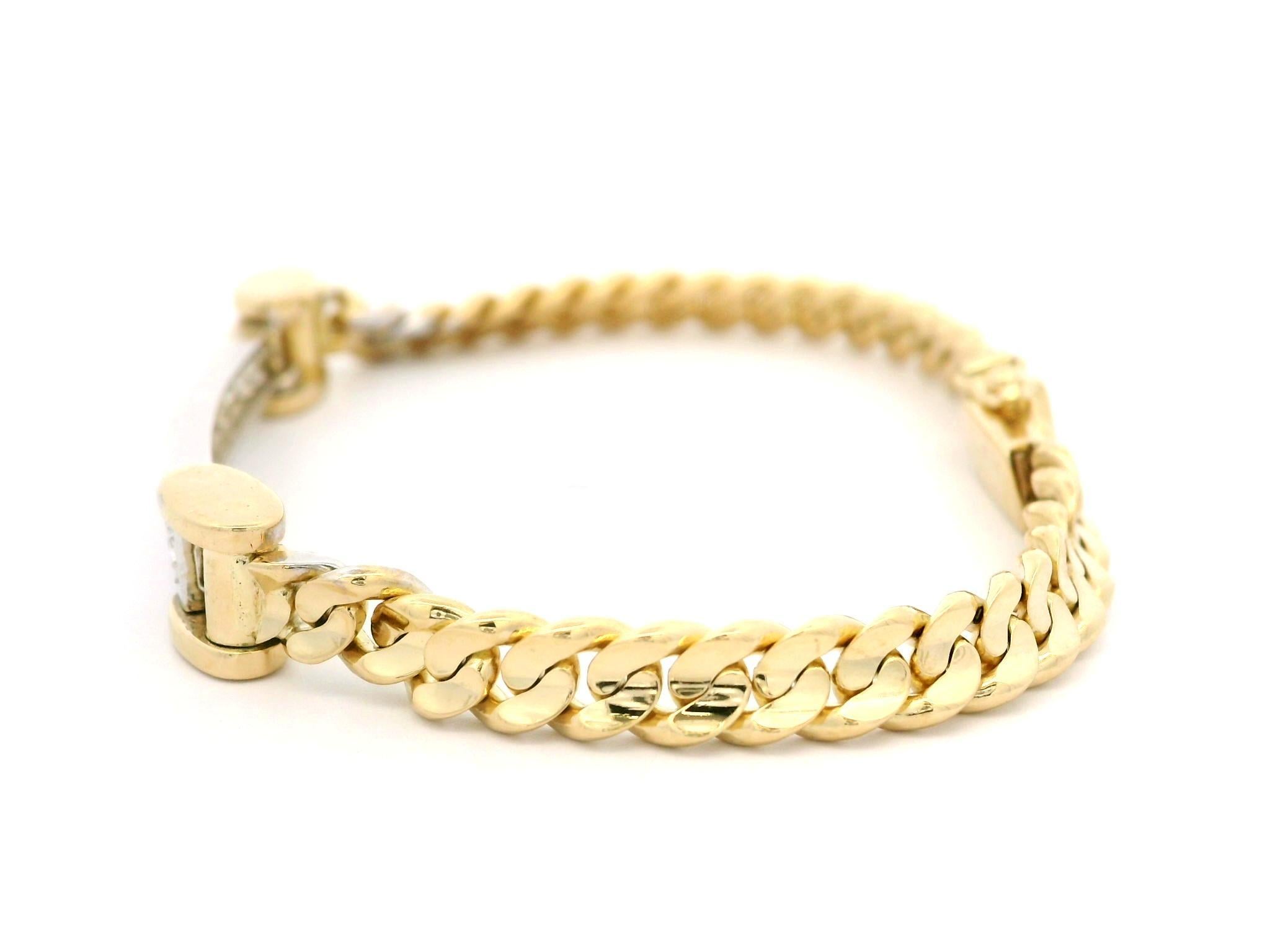 Brilliant Cut 18k Yellow & White Gold Diamond ID Bar Well Made Cuban Curb Link Bracelet