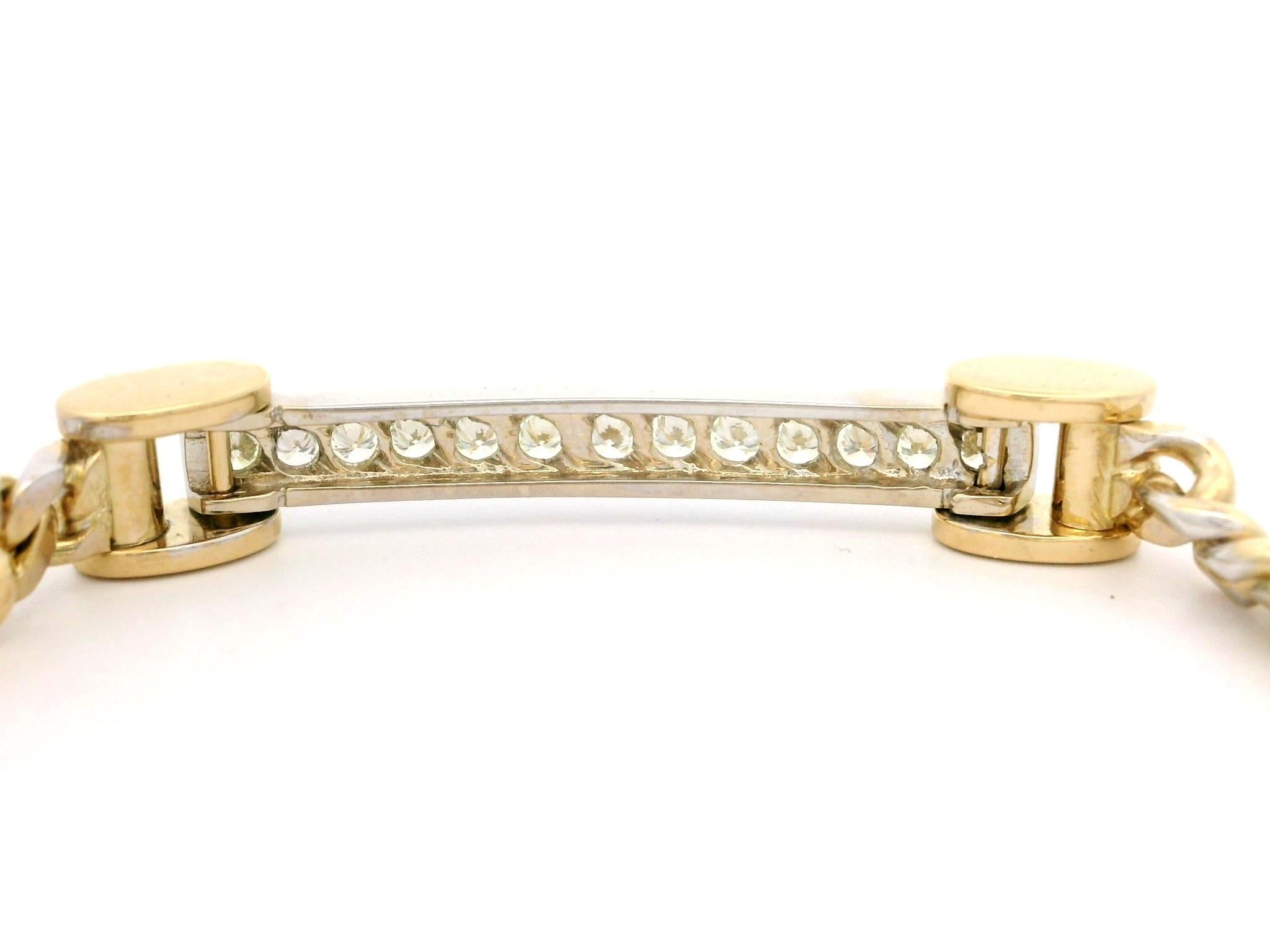 18k Yellow & White Gold Diamond ID Bar Well Made Cuban Curb Link Bracelet In Good Condition In Montclair, NJ