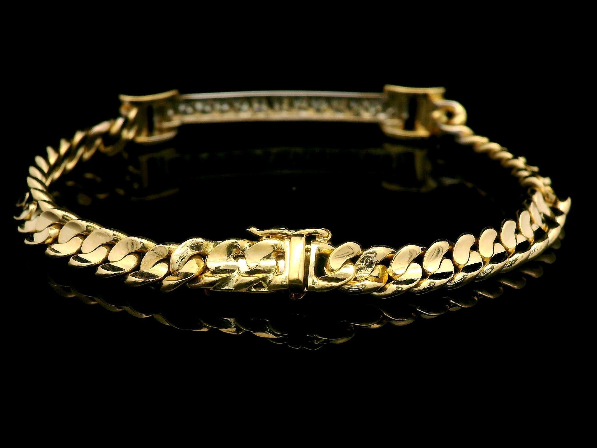 Women's or Men's 18k Yellow & White Gold Diamond ID Bar Well Made Cuban Curb Link Bracelet