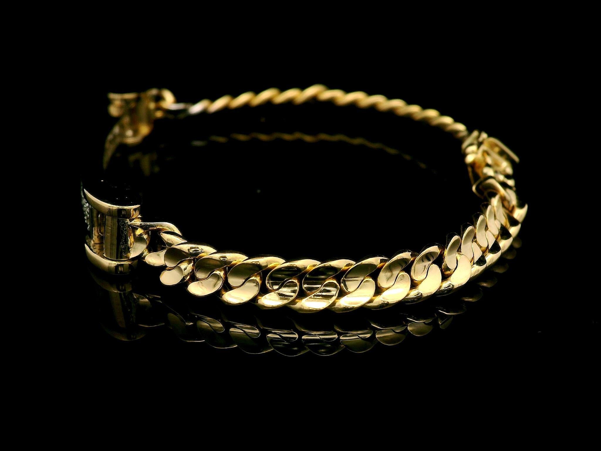 18k Yellow & White Gold Diamond ID Bar Well Made Cuban Curb Link Bracelet 1