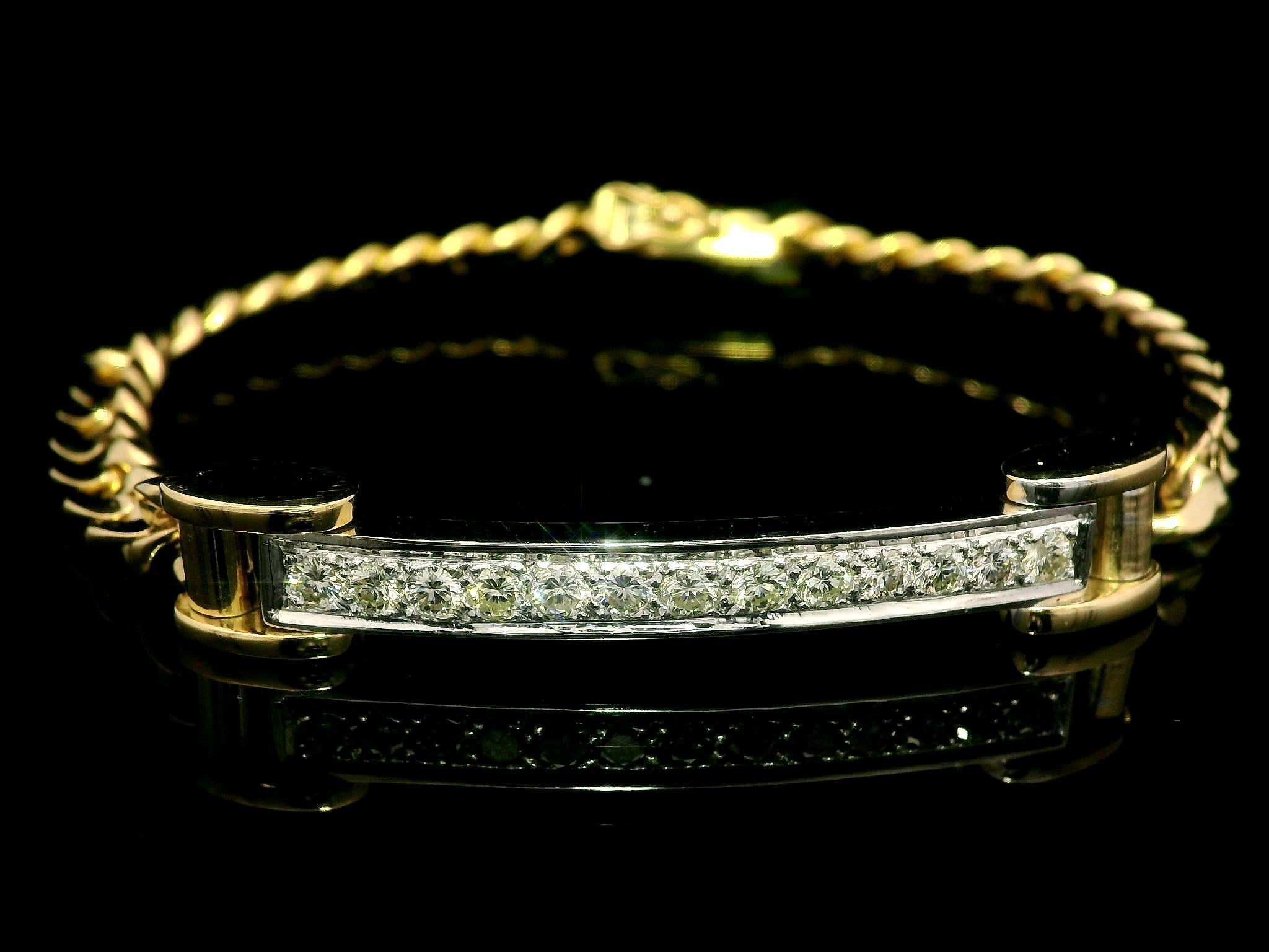 18k Yellow & White Gold Diamond ID Bar Well Made Cuban Curb Link Bracelet 2