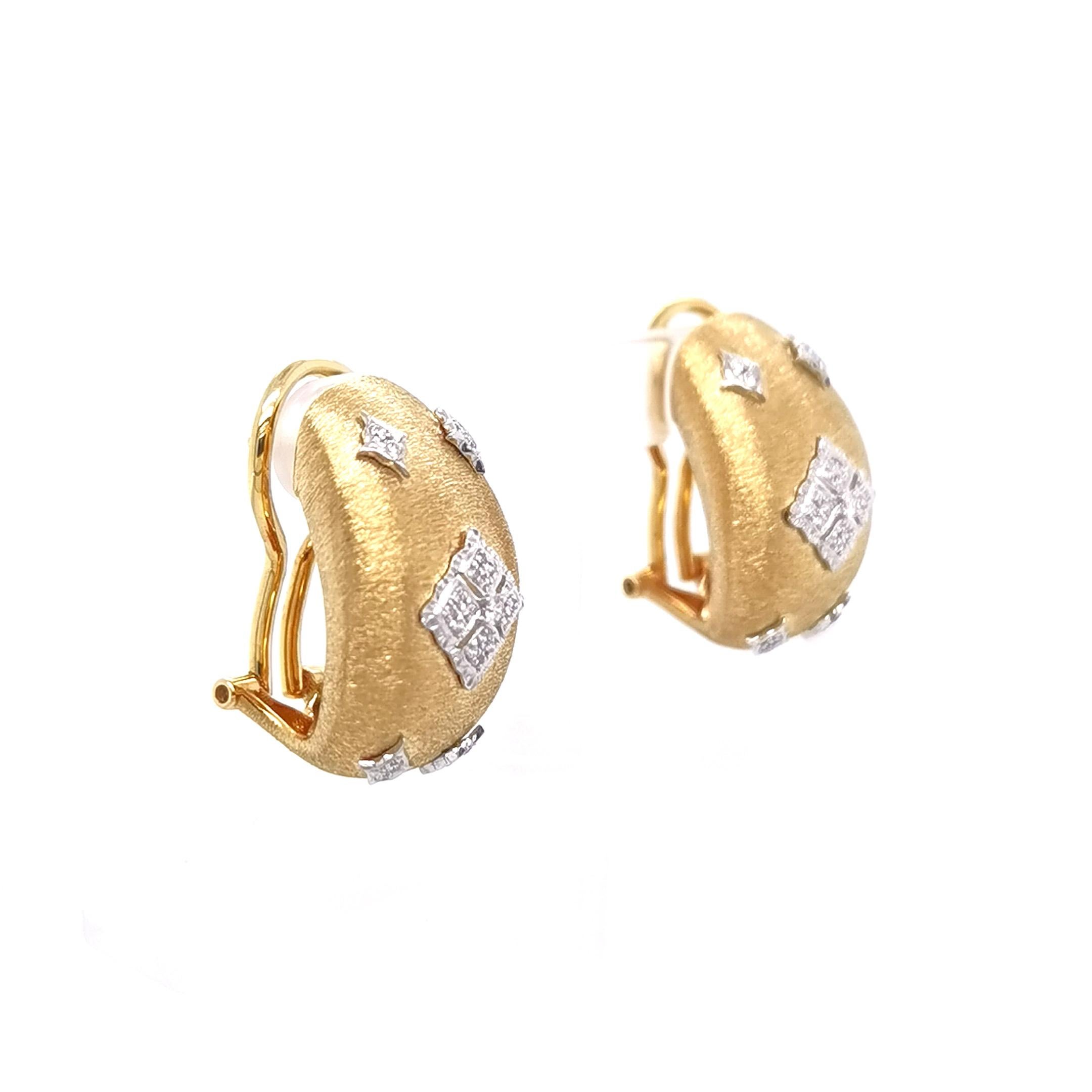 Round Cut 18K Yellow & White Gold Diamond Openwork Earrings in Florentine Finish