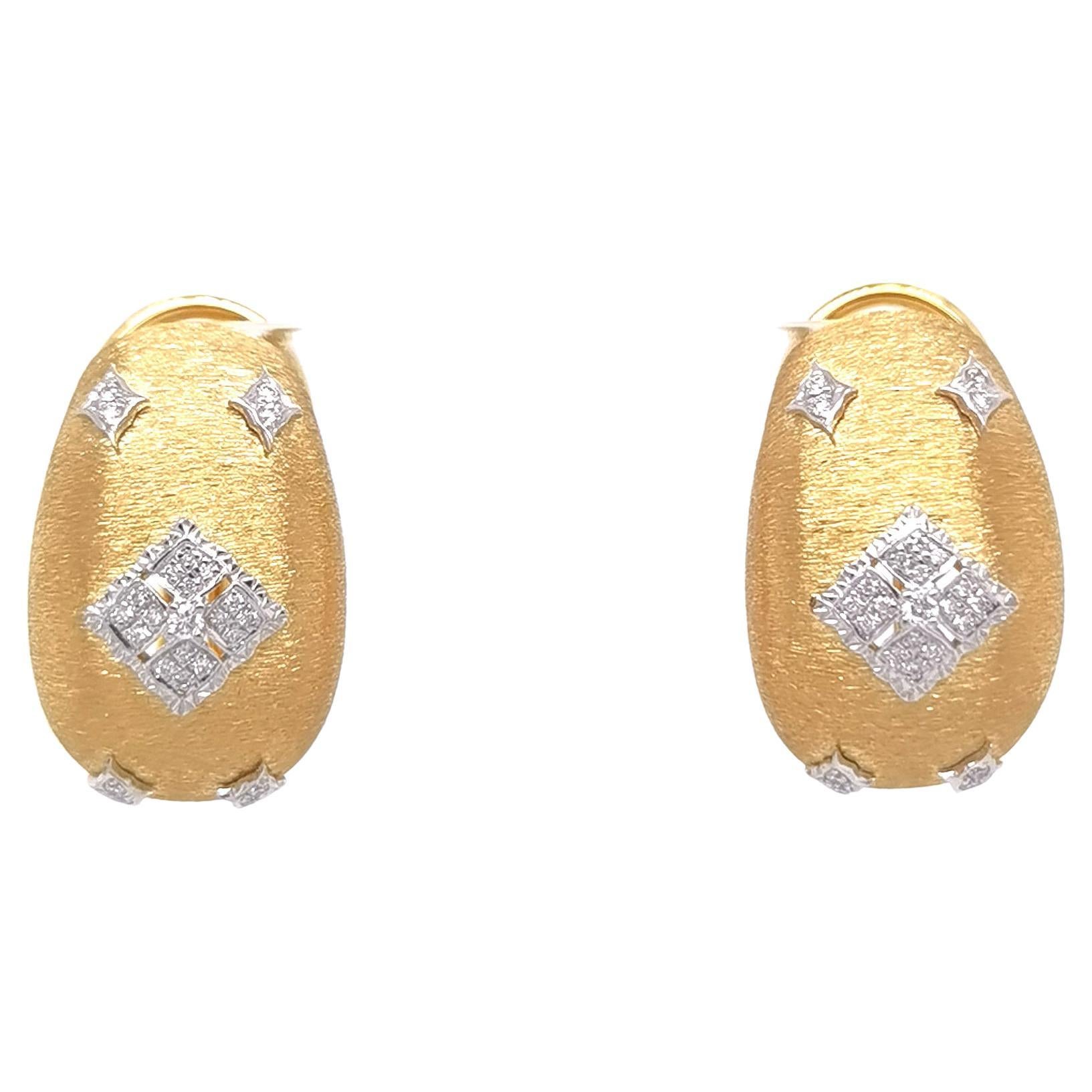 18K Yellow & White Gold Diamond Openwork Earrings in Florentine Finish