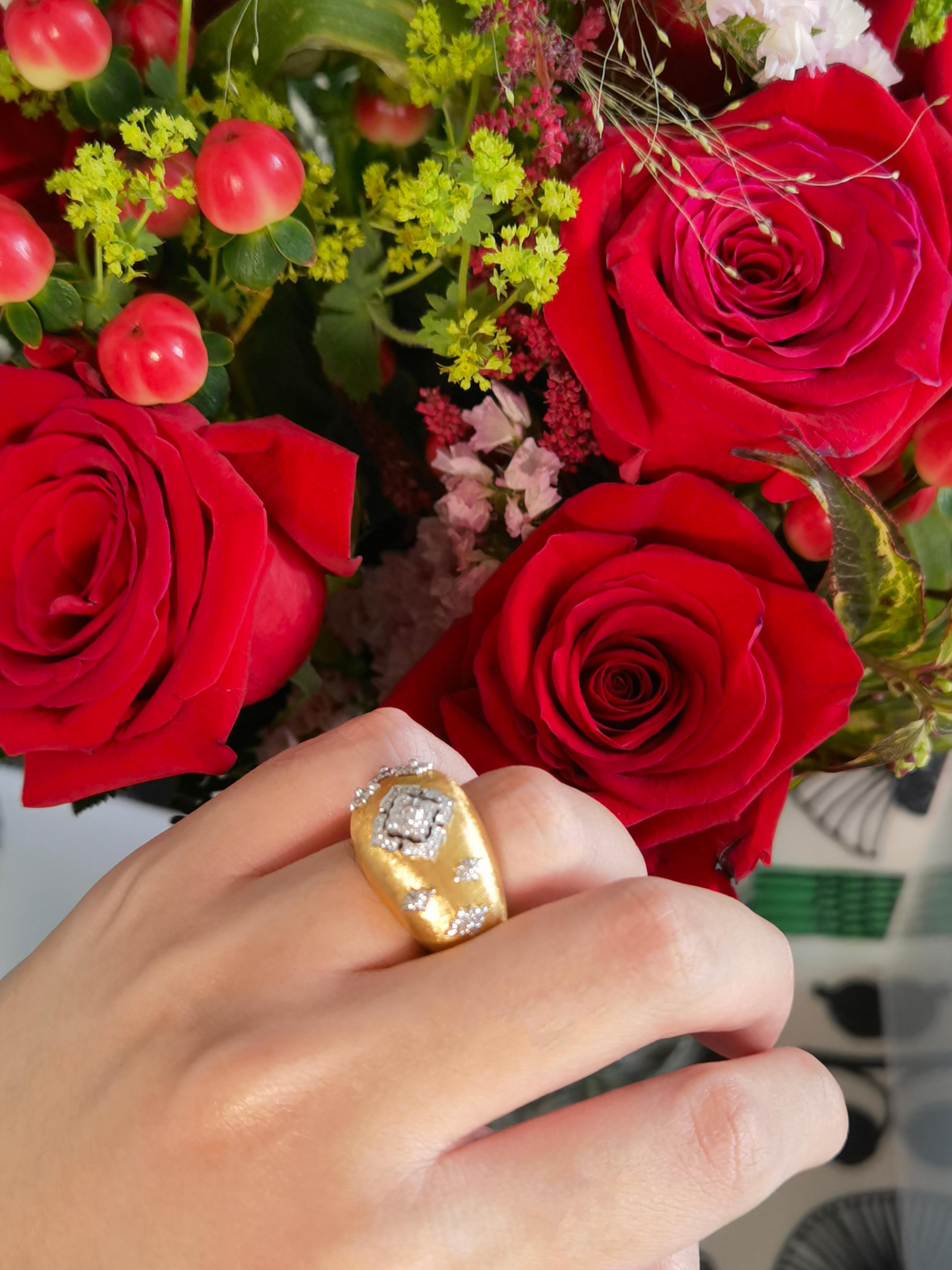 18K Yellow & White Gold Diamond Openwork Dome Ring in Florentine Finish
US Size: 6.5

33 Diamonds - 0.14 CT
18K White Gold and Yellow Gold - 11.98 GM

The family-owned company, Althoff Jewelry, has one mission – create elegant, luxurious and