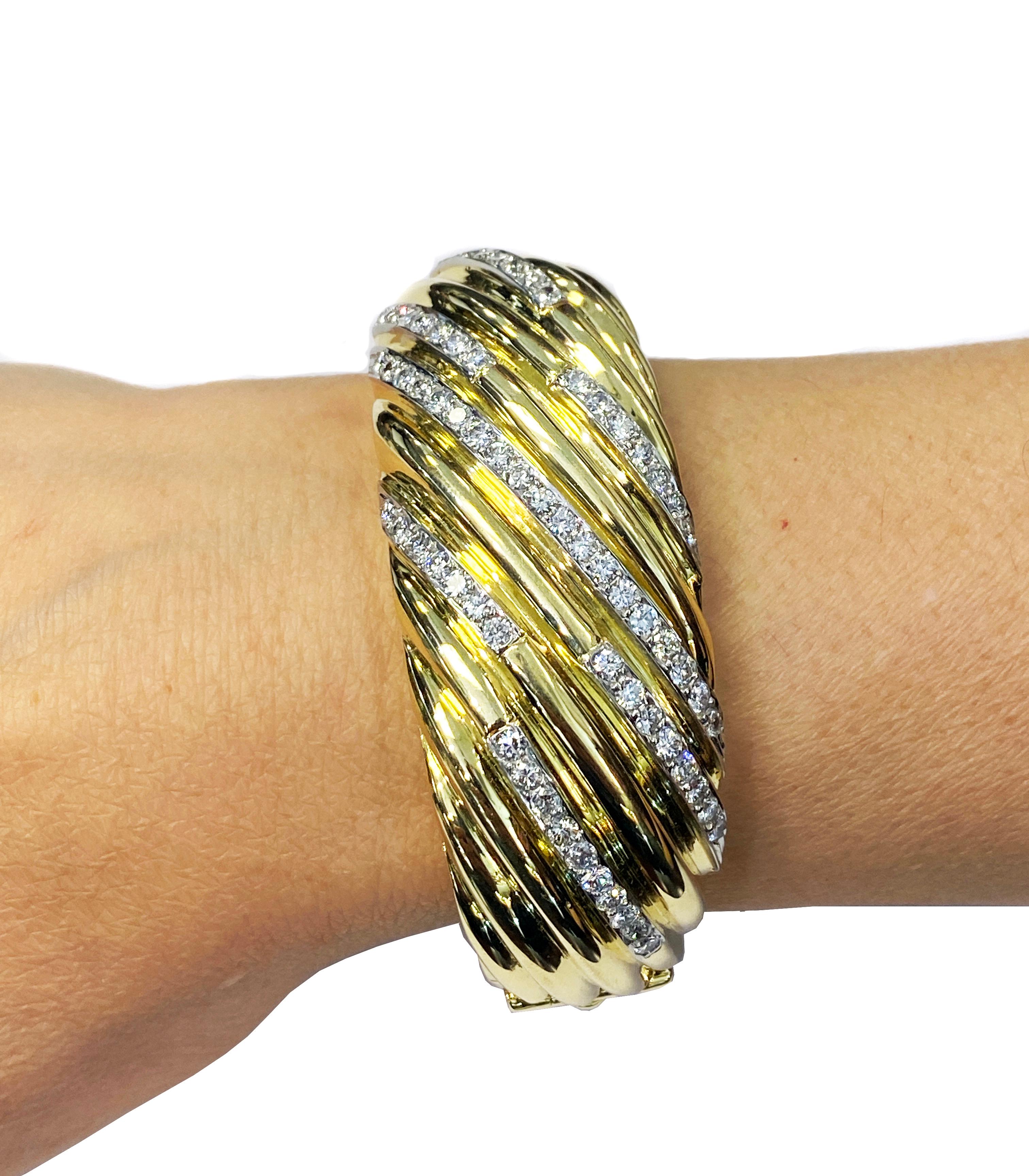 Round Cut 18 Karat Yellow White Gold Diamond Spiral Style Wide Bangle Bracelet For Sale