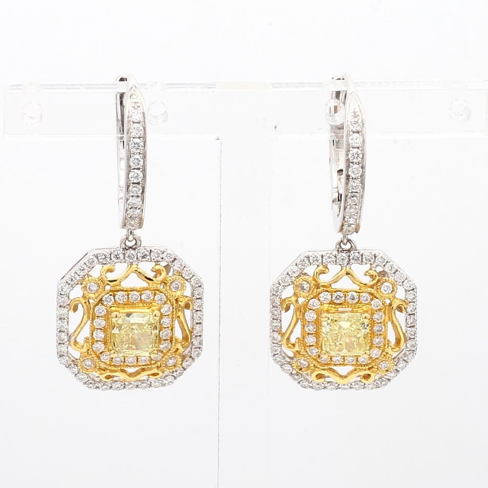 Pendientes de oro amarillo y blanco de 18 quilates con diamantes amarillos y blancos fantasía Corte radiante en venta