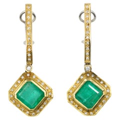 Pendientes Diamantes Esmeralda Oro Amarillo y Blanco 18K