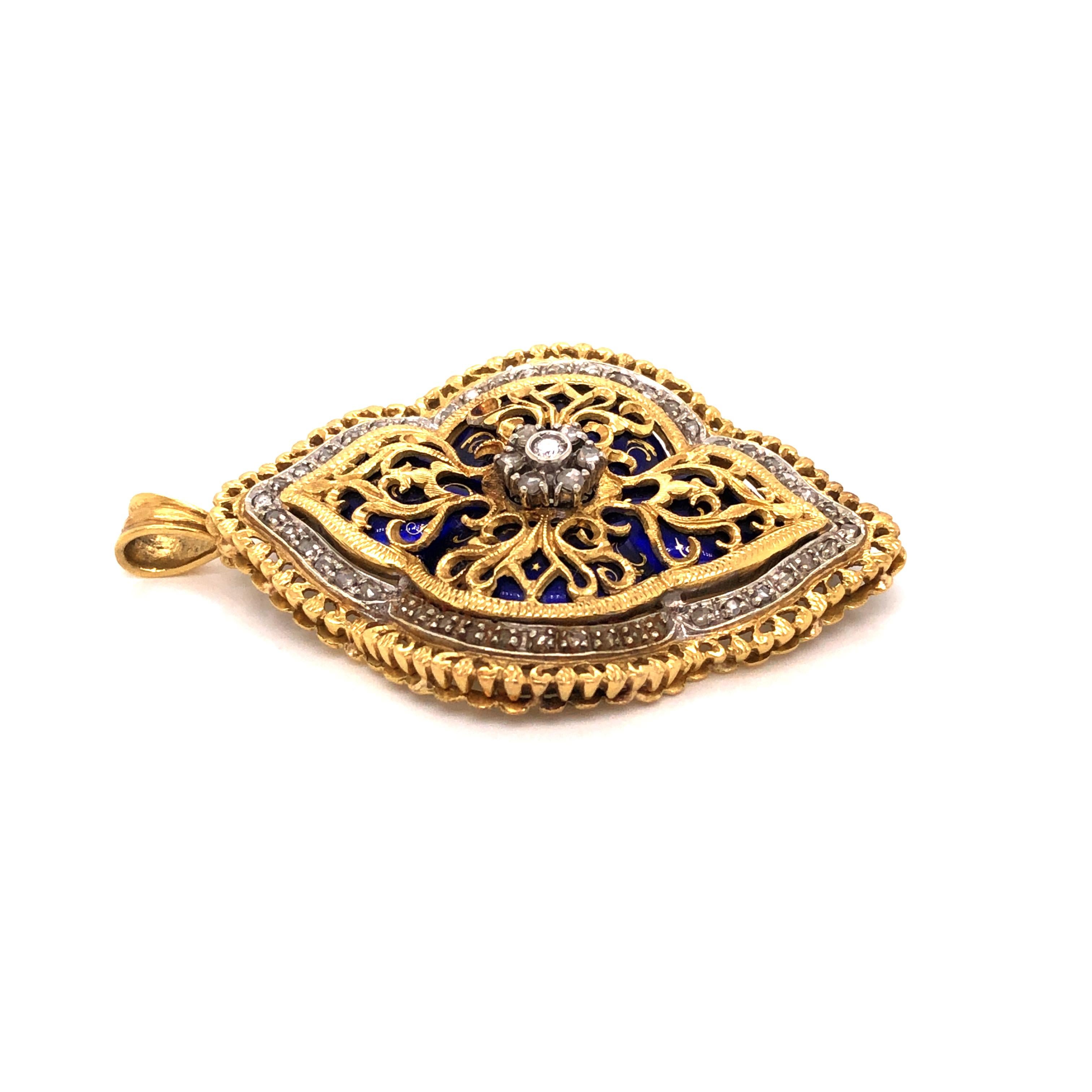 18 Karat Yellow and White Gold Enamel Rose Cut Diamond Brooch Pendant In Good Condition For Sale In New York, NY