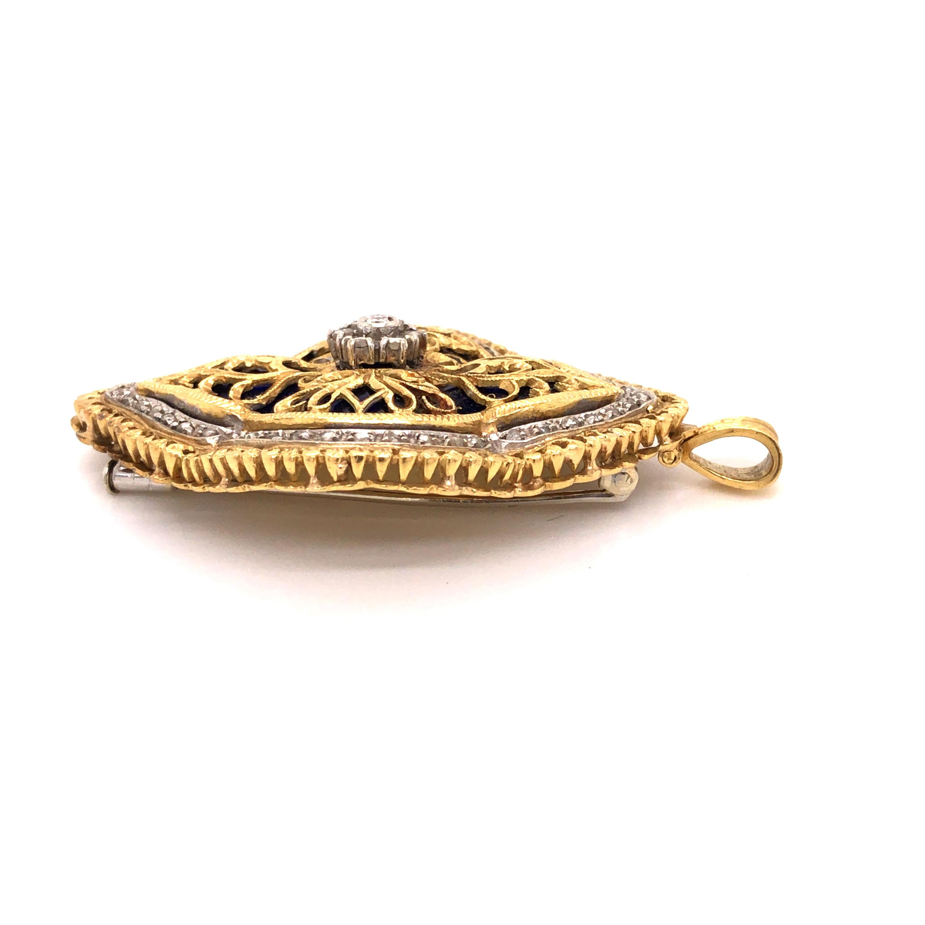 Women's 18 Karat Yellow and White Gold Enamel Rose Cut Diamond Brooch Pendant For Sale